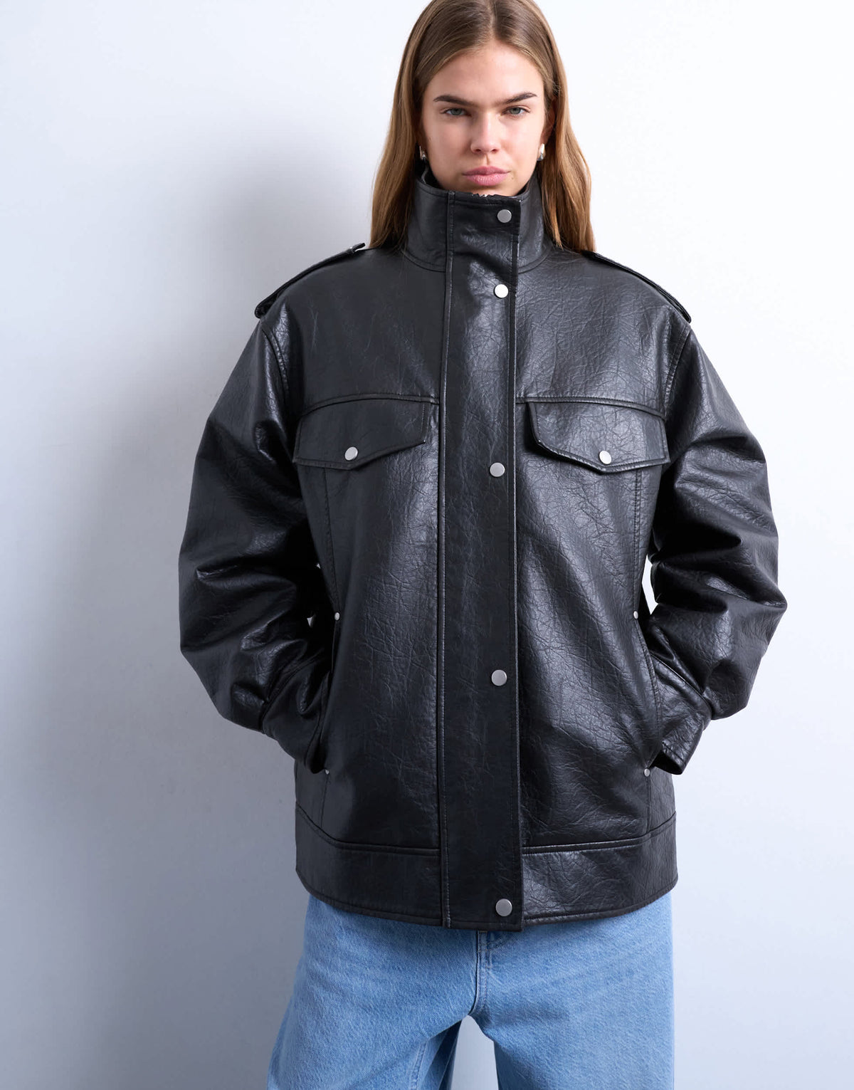 Topshop leather look oversized funnel neck zip through jacket in black
