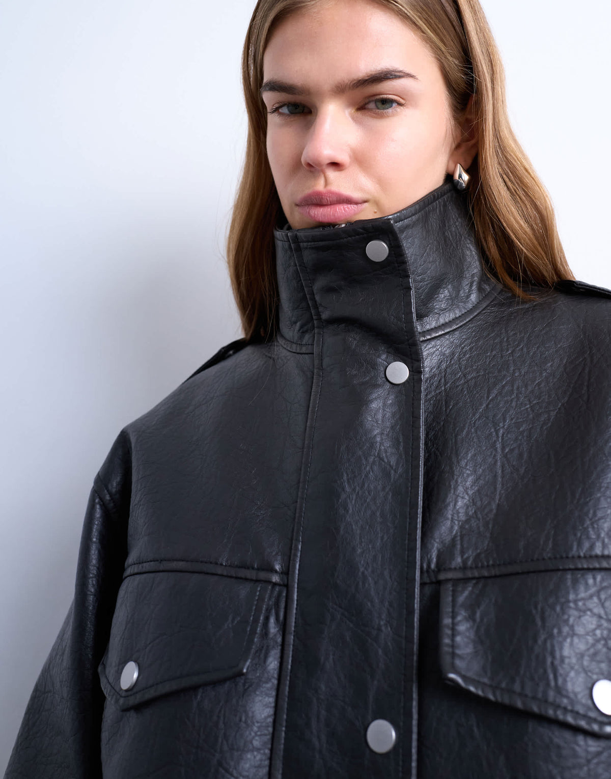 Topshop leather look oversized funnel neck zip through jacket in black