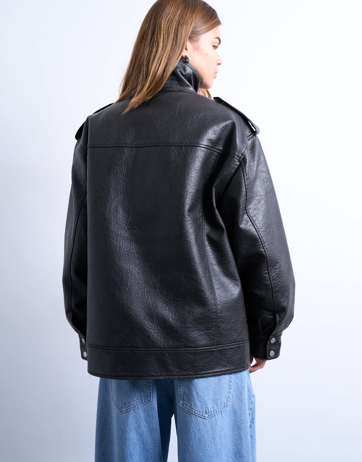 Topshop leather look oversized funnel neck zip through jacket in black