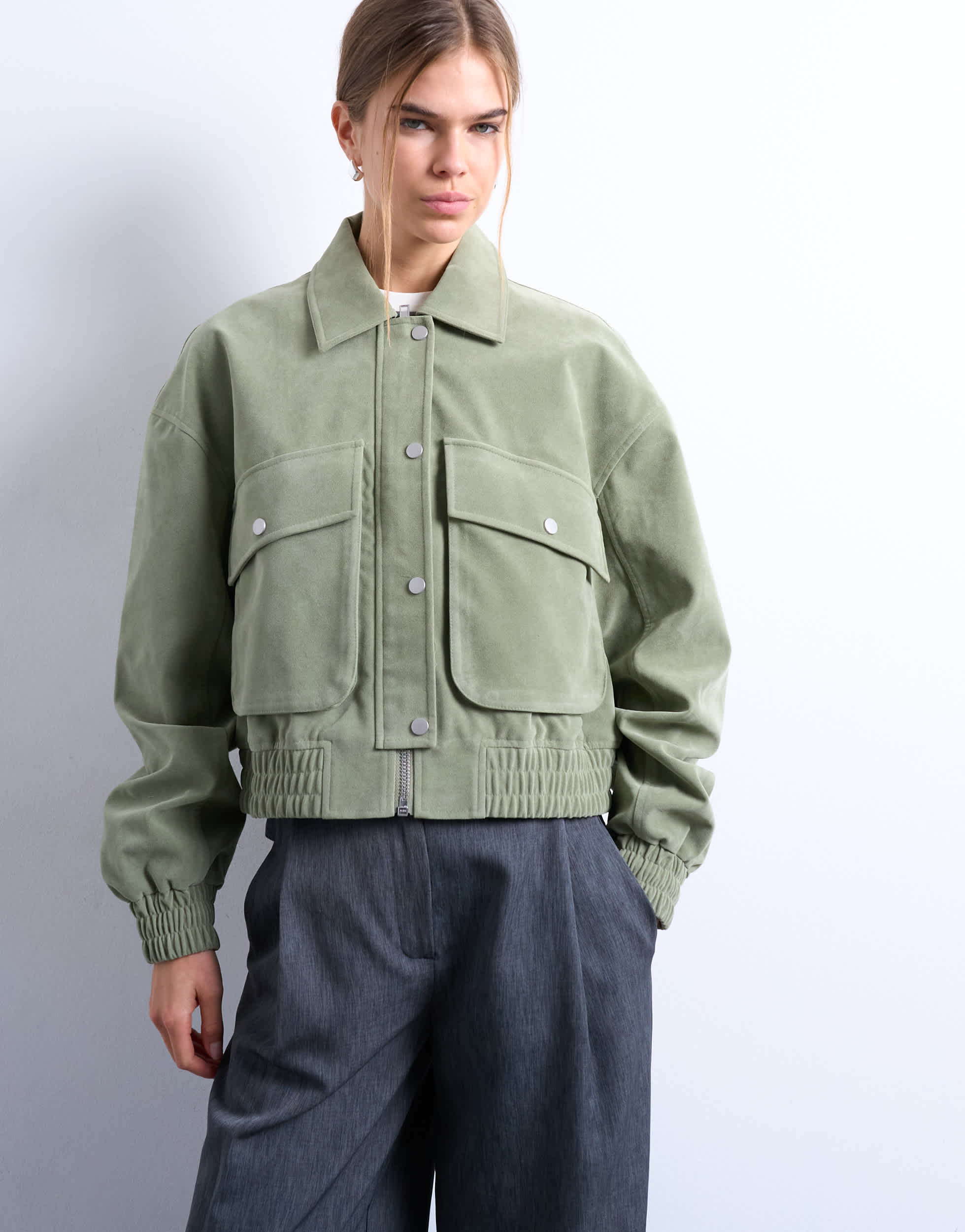 Topshop faux suede short jacket with patch pockets in sage