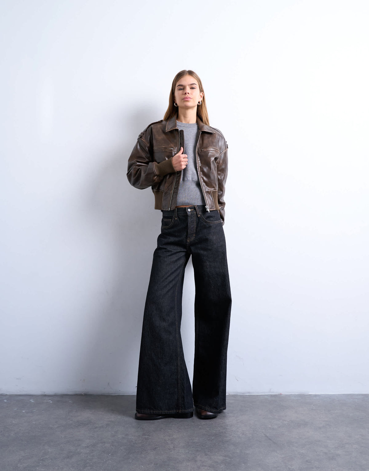 Topshop faux leather ovoid sleeve  bomber jacket in washed brown
