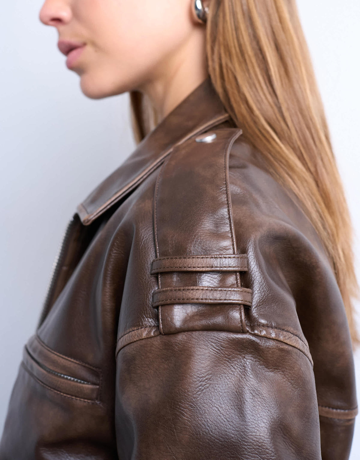 Topshop faux leather ovoid sleeve  bomber jacket in washed brown
