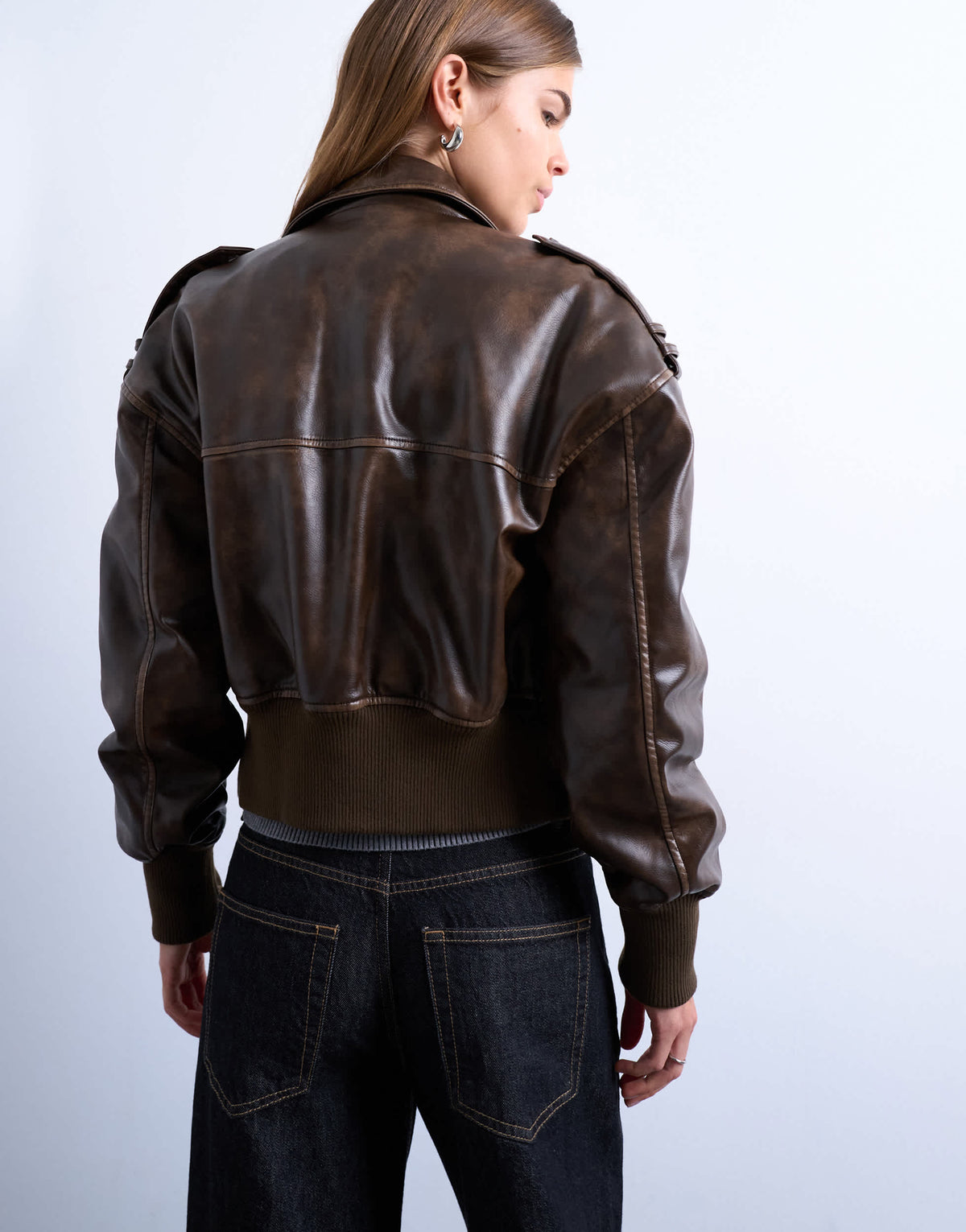 Topshop faux leather ovoid sleeve  bomber jacket in washed brown