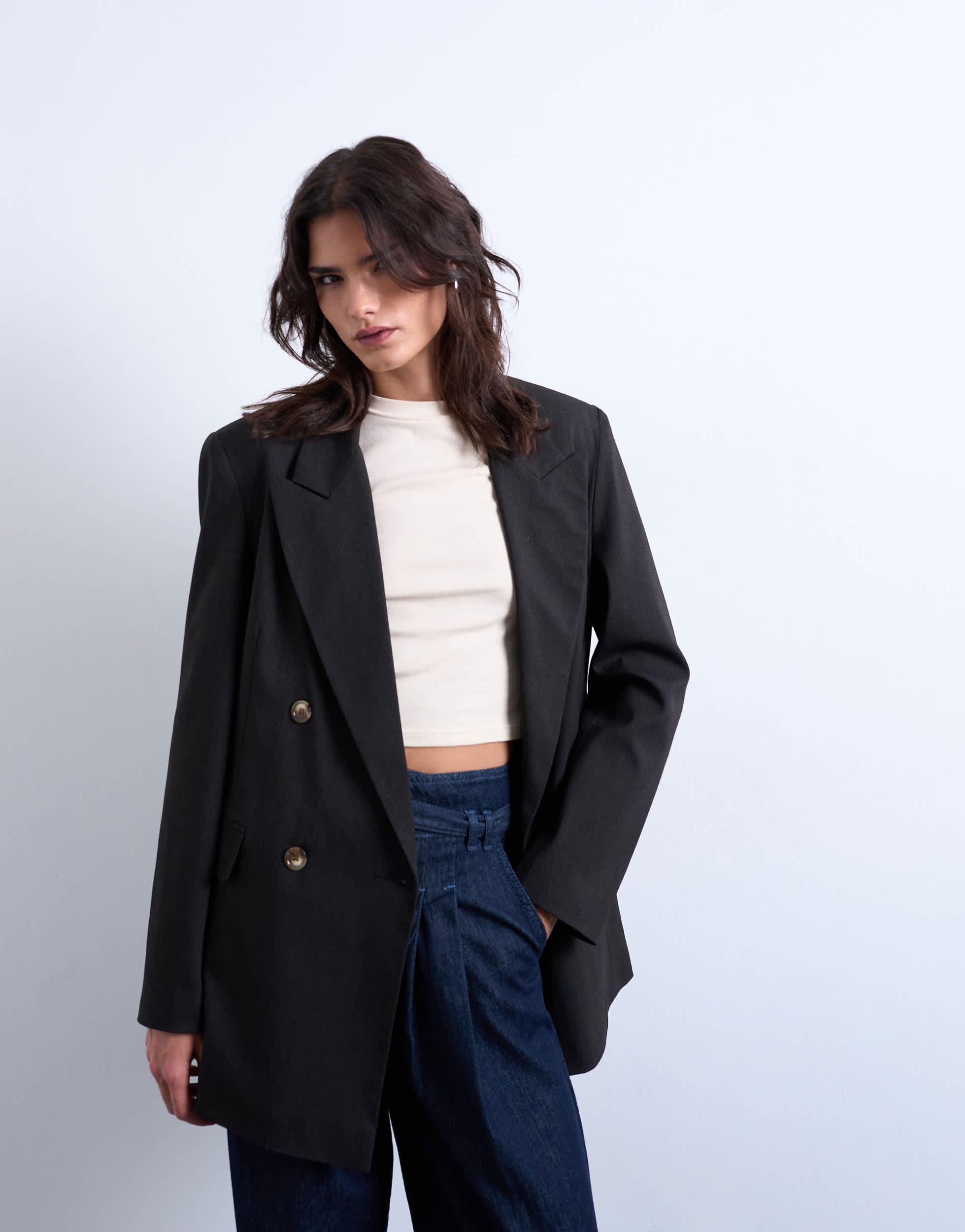Topshop co ord double breasted subtle pinstripe oversized blazer in dark chocolate