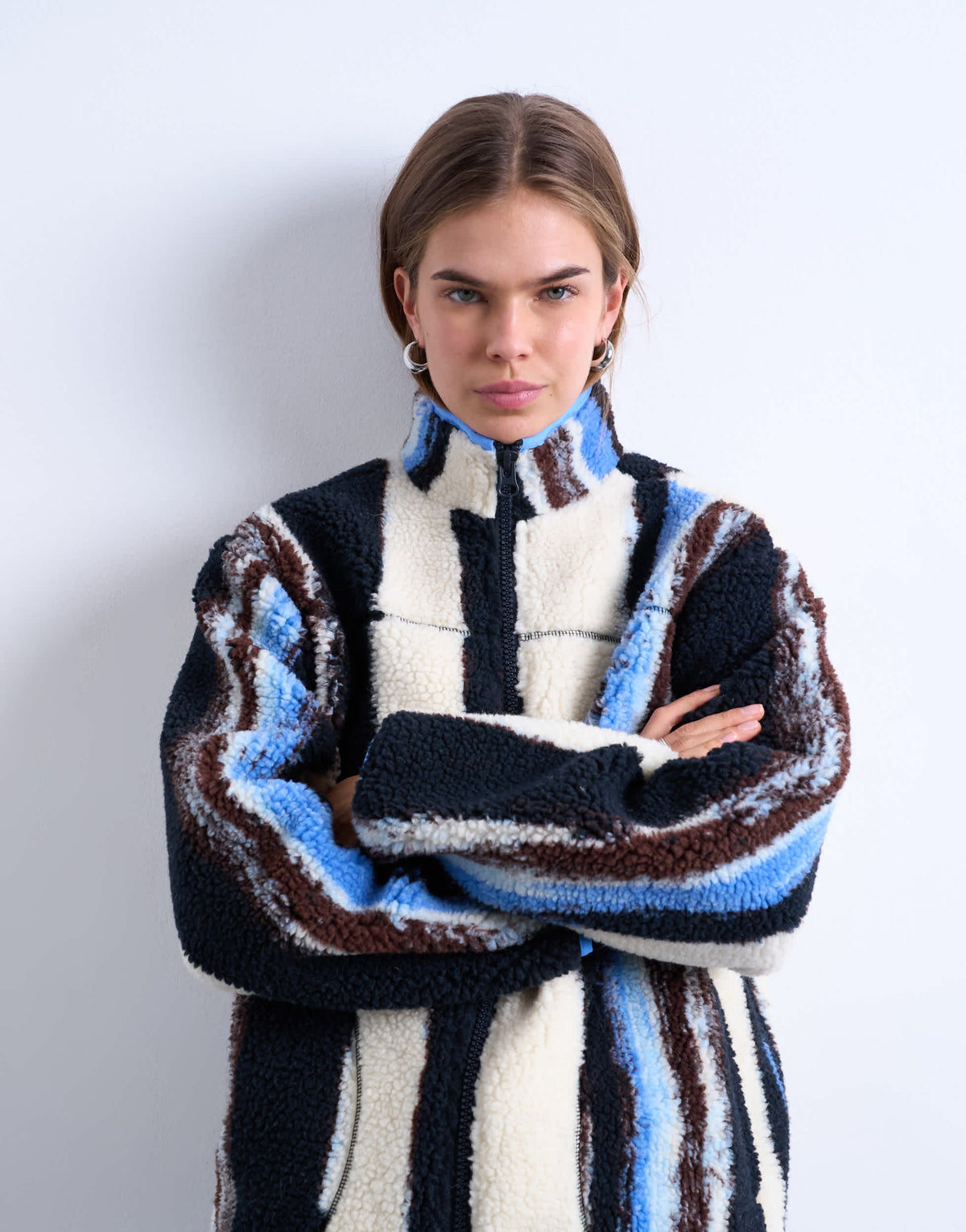 Topshop multi stripe borg fleece jacket in white stripe