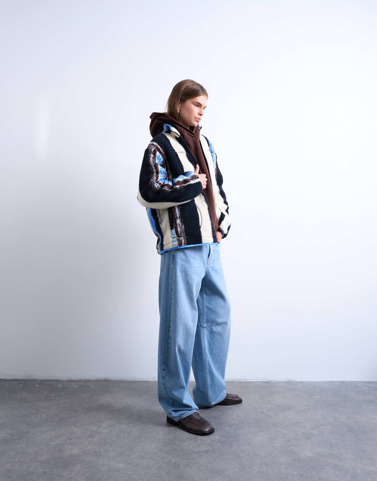 Topshop multi stripe borg fleece jacket in white stripe