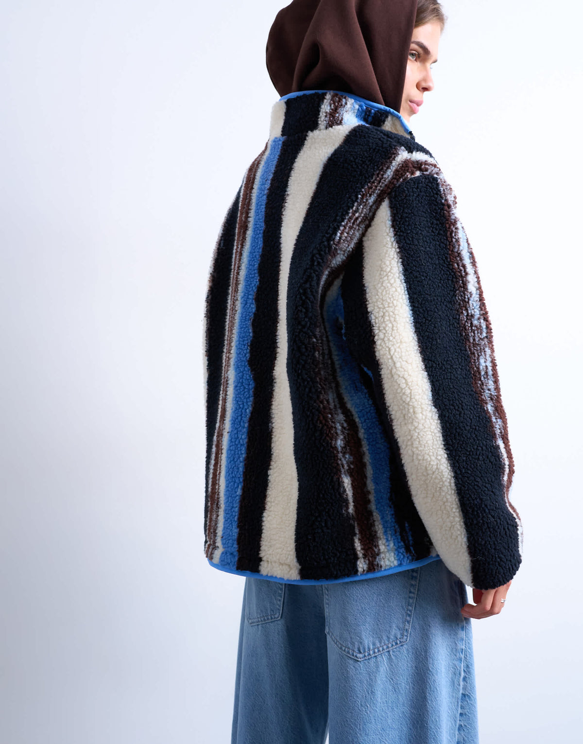 Topshop multi stripe borg fleece jacket in white stripe