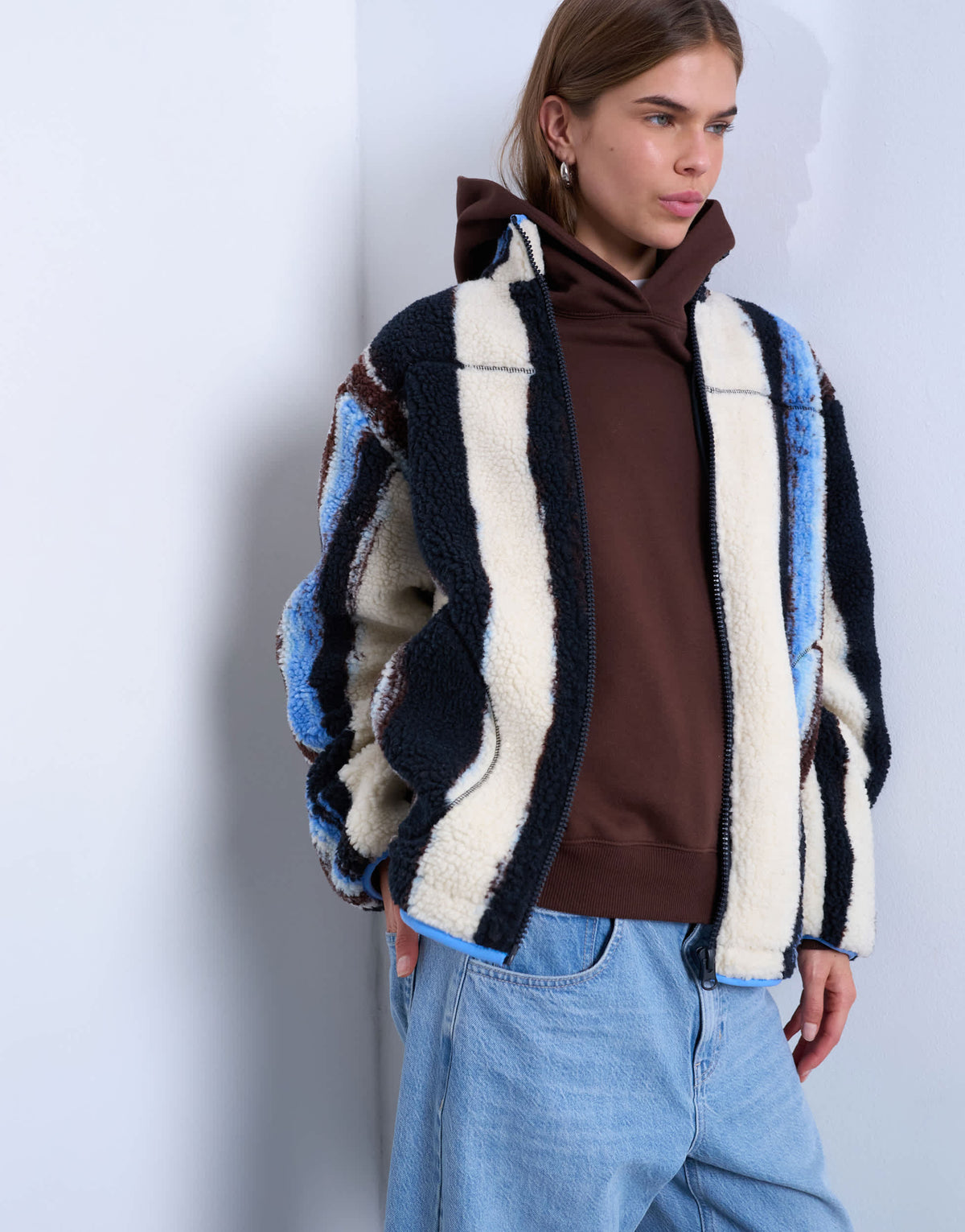 Topshop multi stripe borg fleece jacket in white stripe