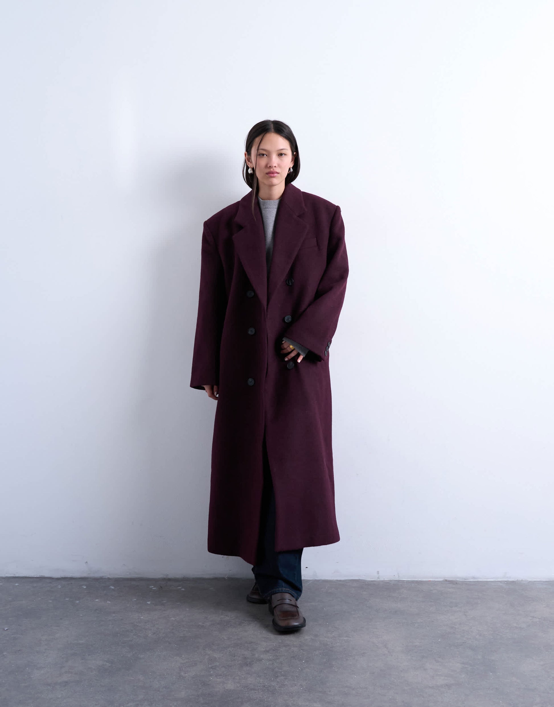 Topshop oversized double breasted mensy overcoat with wool in aubergine