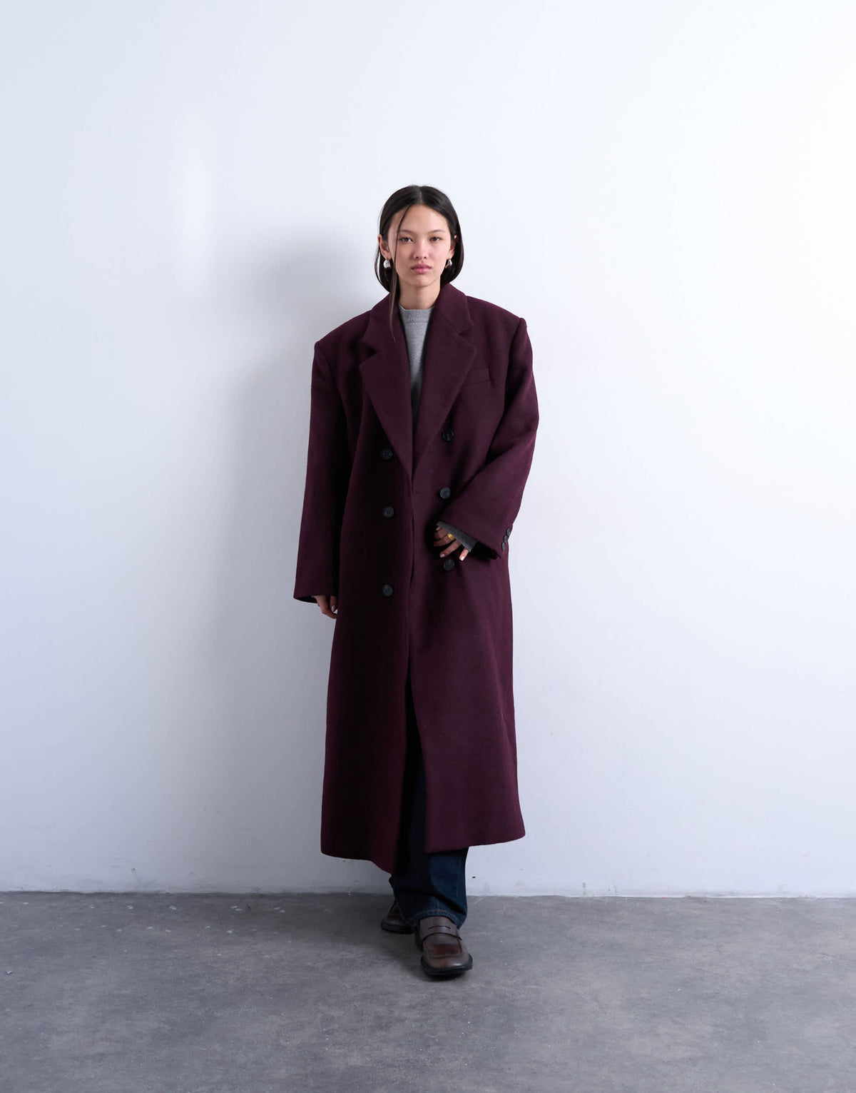 Topshop oversized double breasted mensy overcoat with wool in aubergine