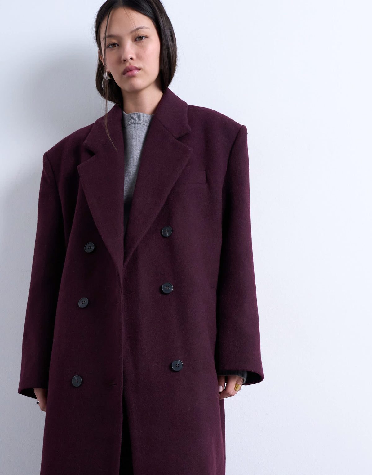 Topshop oversized double breasted mensy overcoat with wool in aubergine