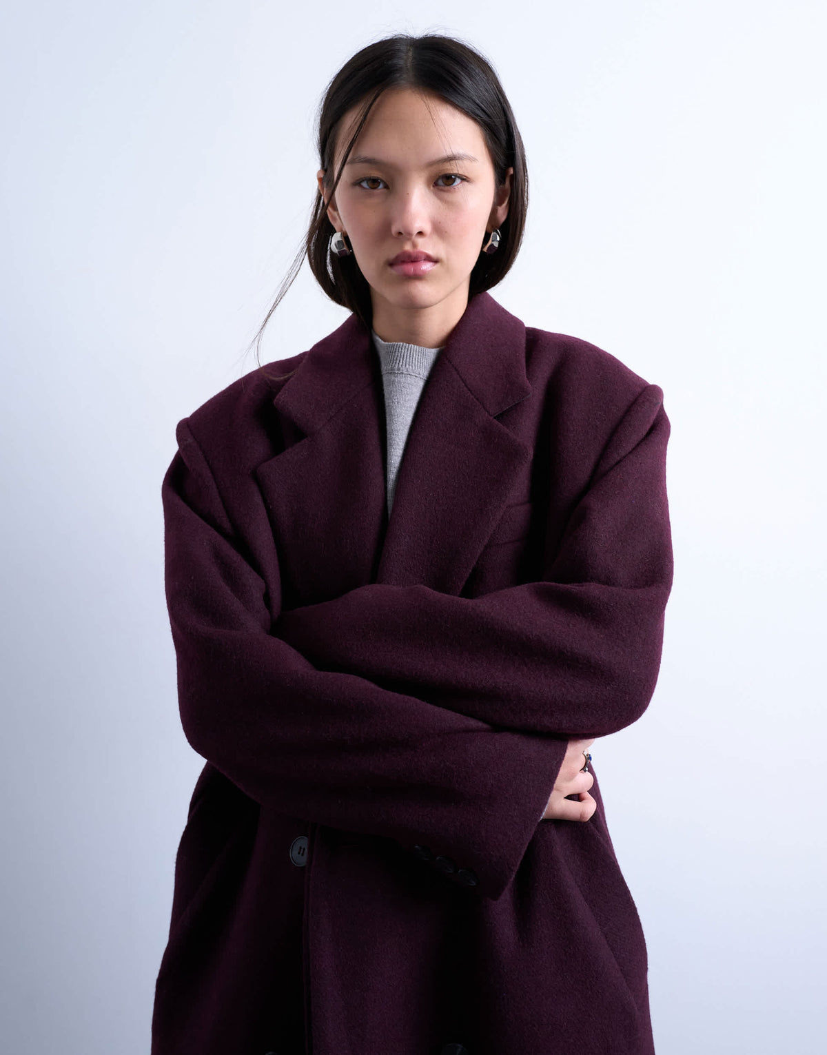 Topshop oversized double breasted mensy overcoat with wool in aubergine