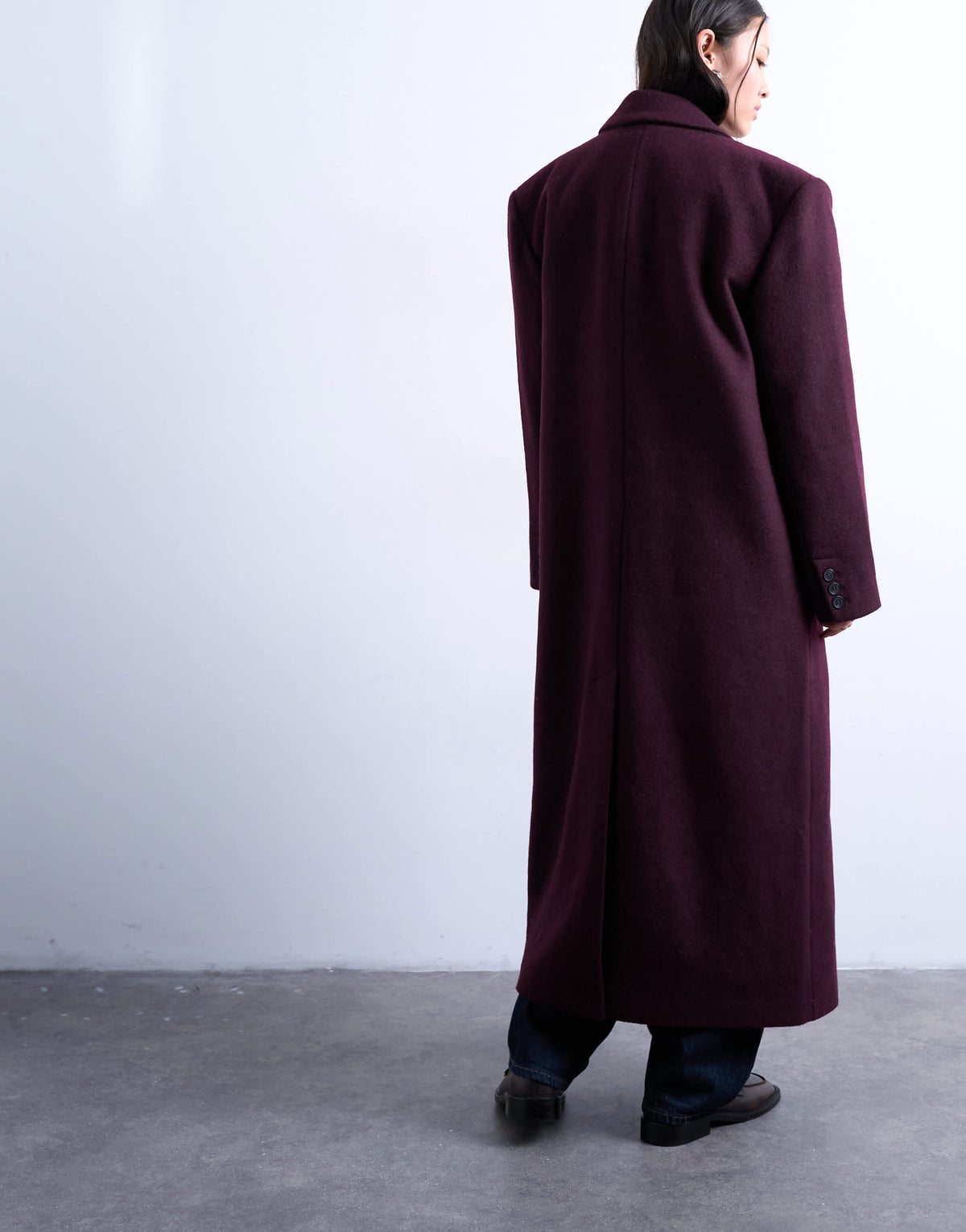 Topshop oversized double breasted mensy overcoat with wool in aubergine