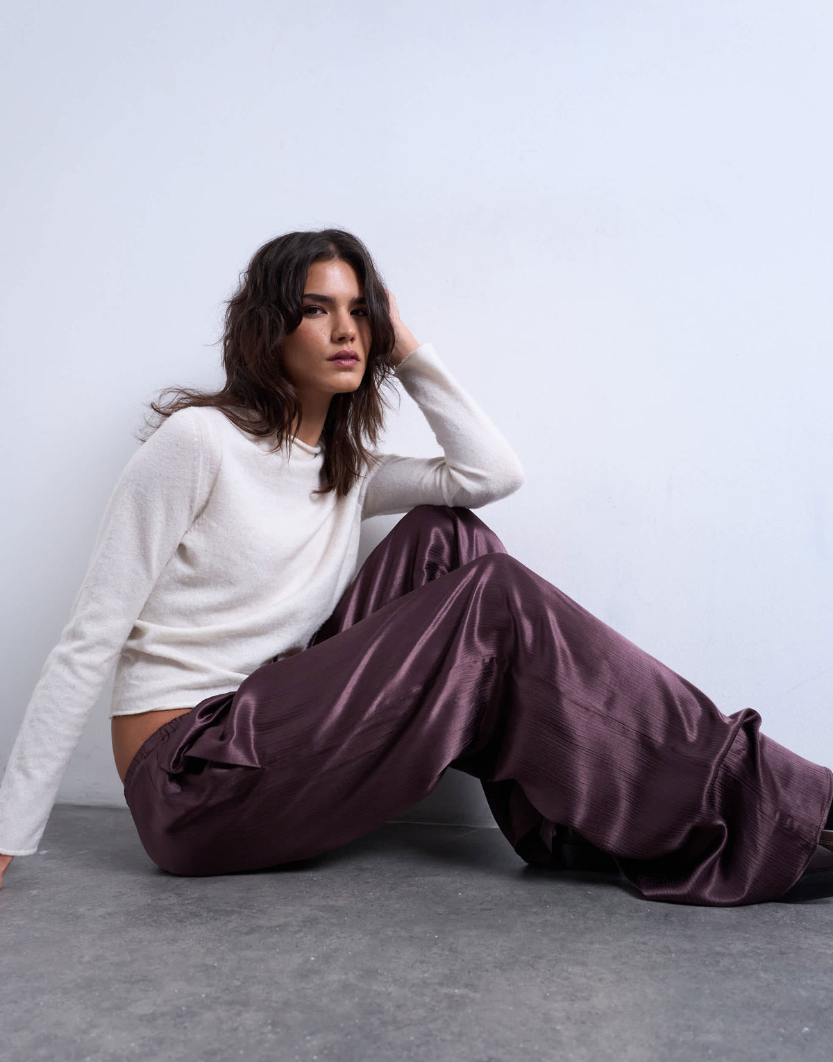 Topshop crinkle satin trouser in burgundy