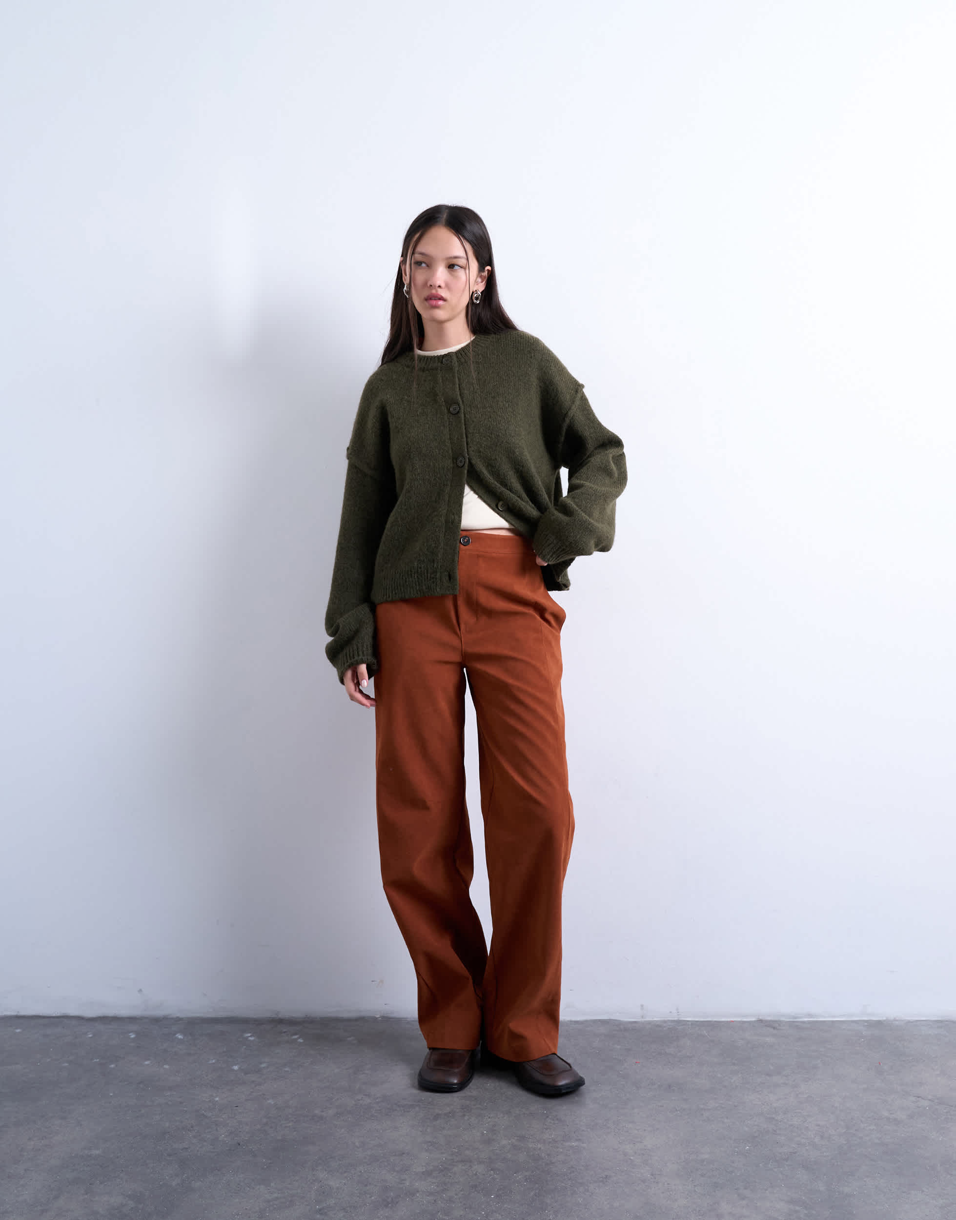 Topshop faux suede wide leg trouser with seam detail in rust