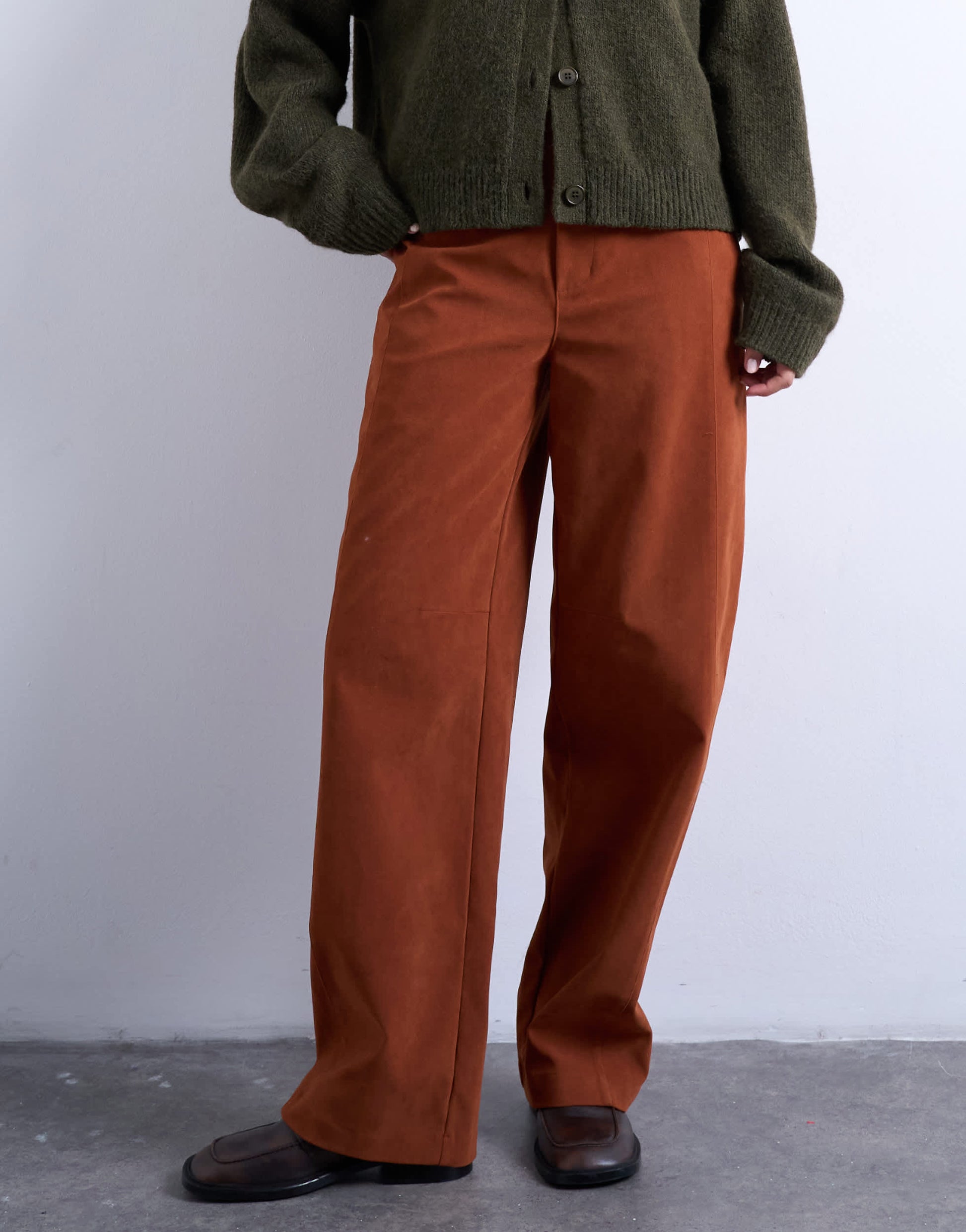 Topshop faux suede wide leg trouser with seam detail in rust