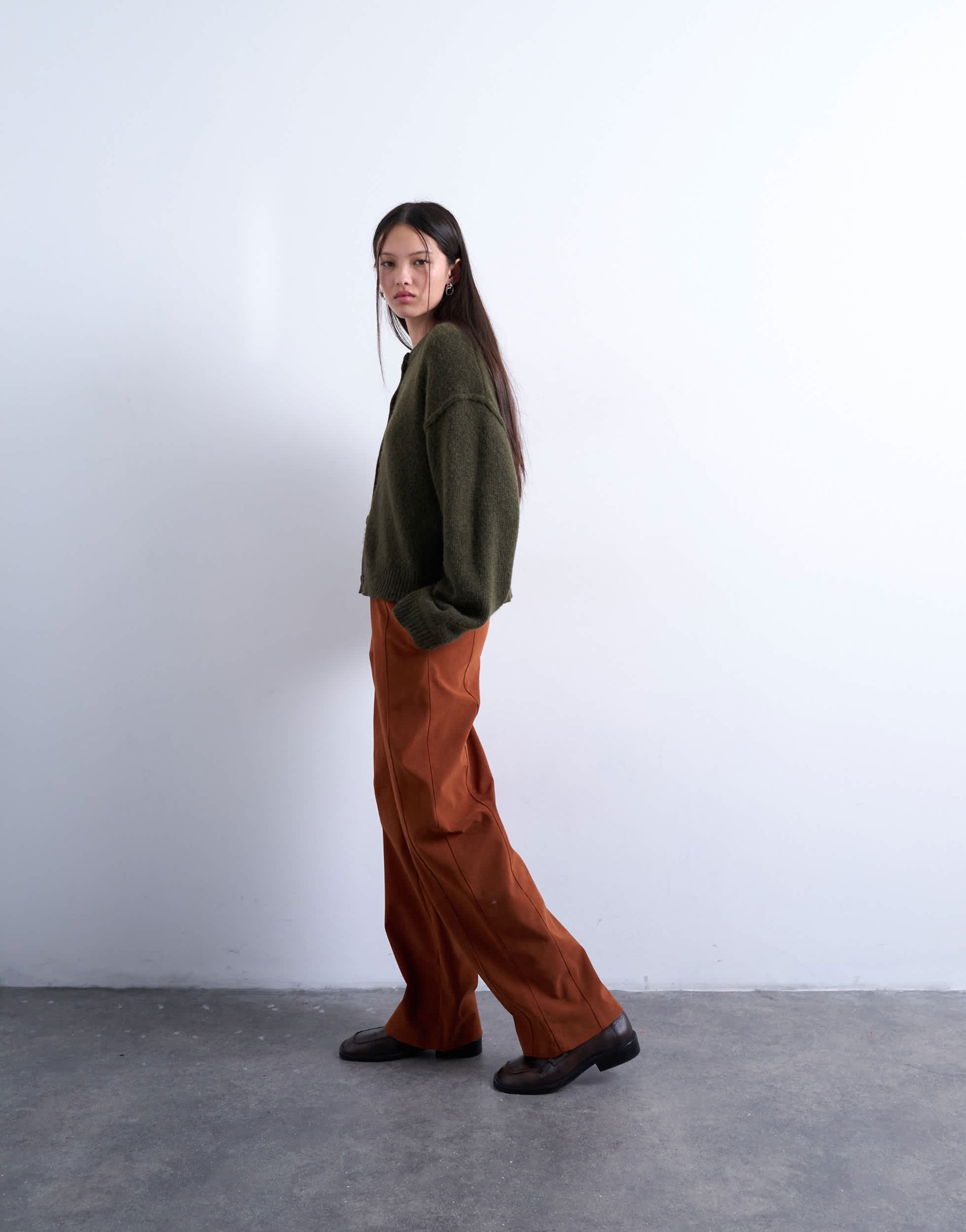 Topshop faux suede wide leg trouser with seam detail in rust