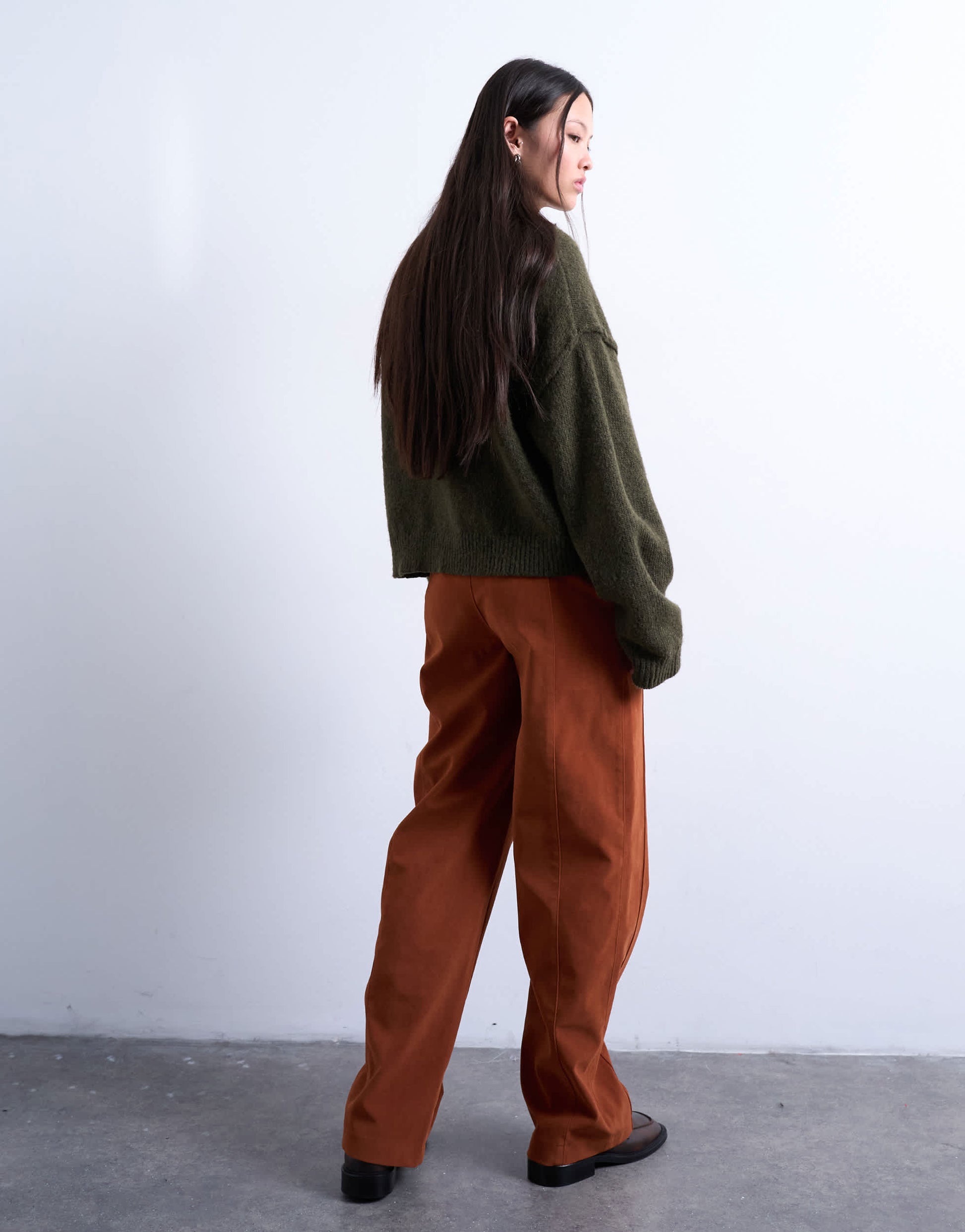 Topshop faux suede wide leg trouser with seam detail in rust