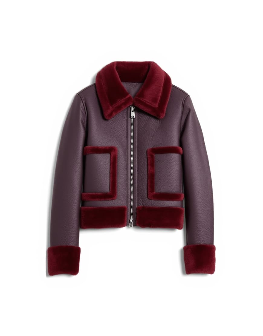 Topshop faux leather cropped jacket with red borg contrast