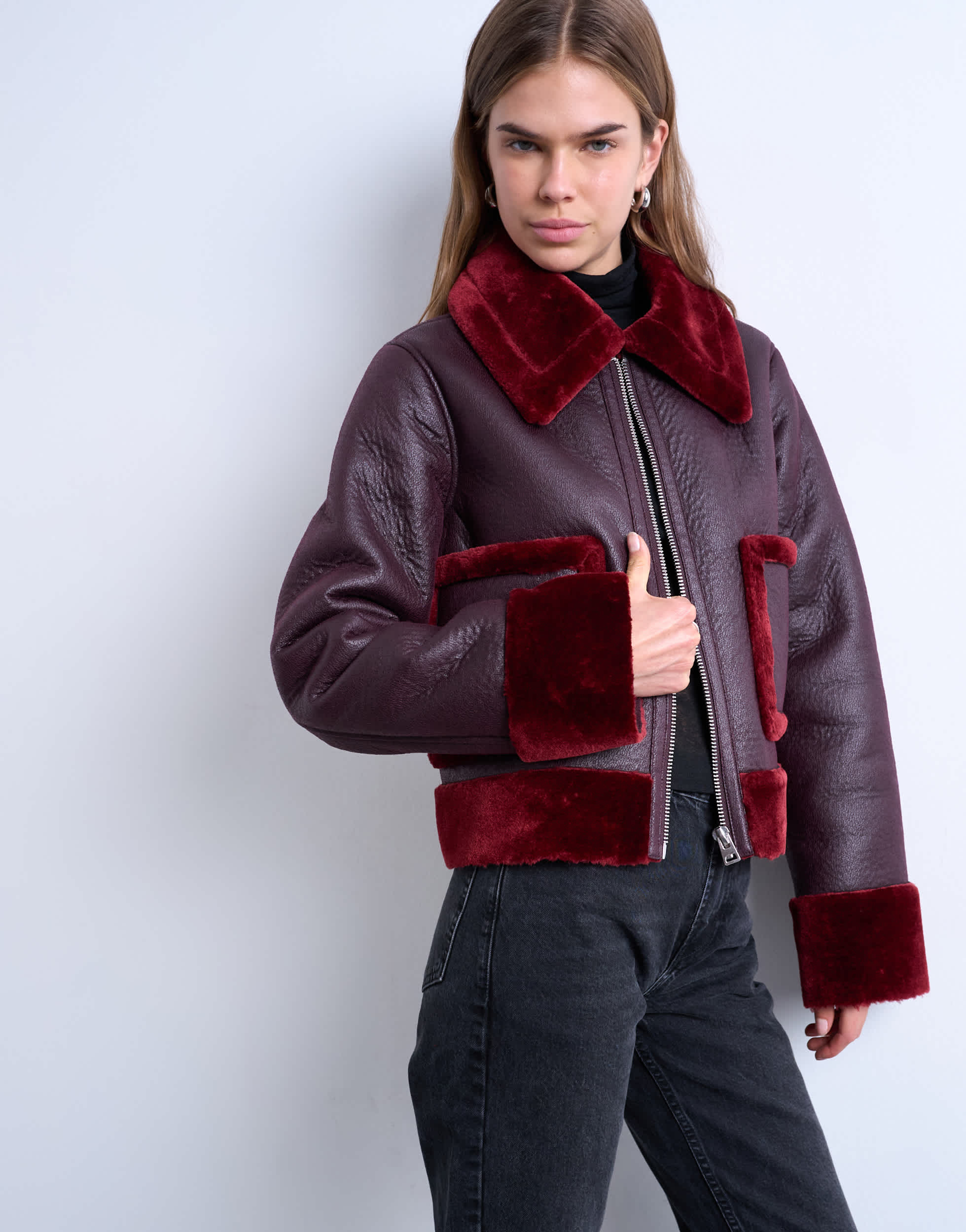 Topshop faux leather cropped jacket with red borg contrast