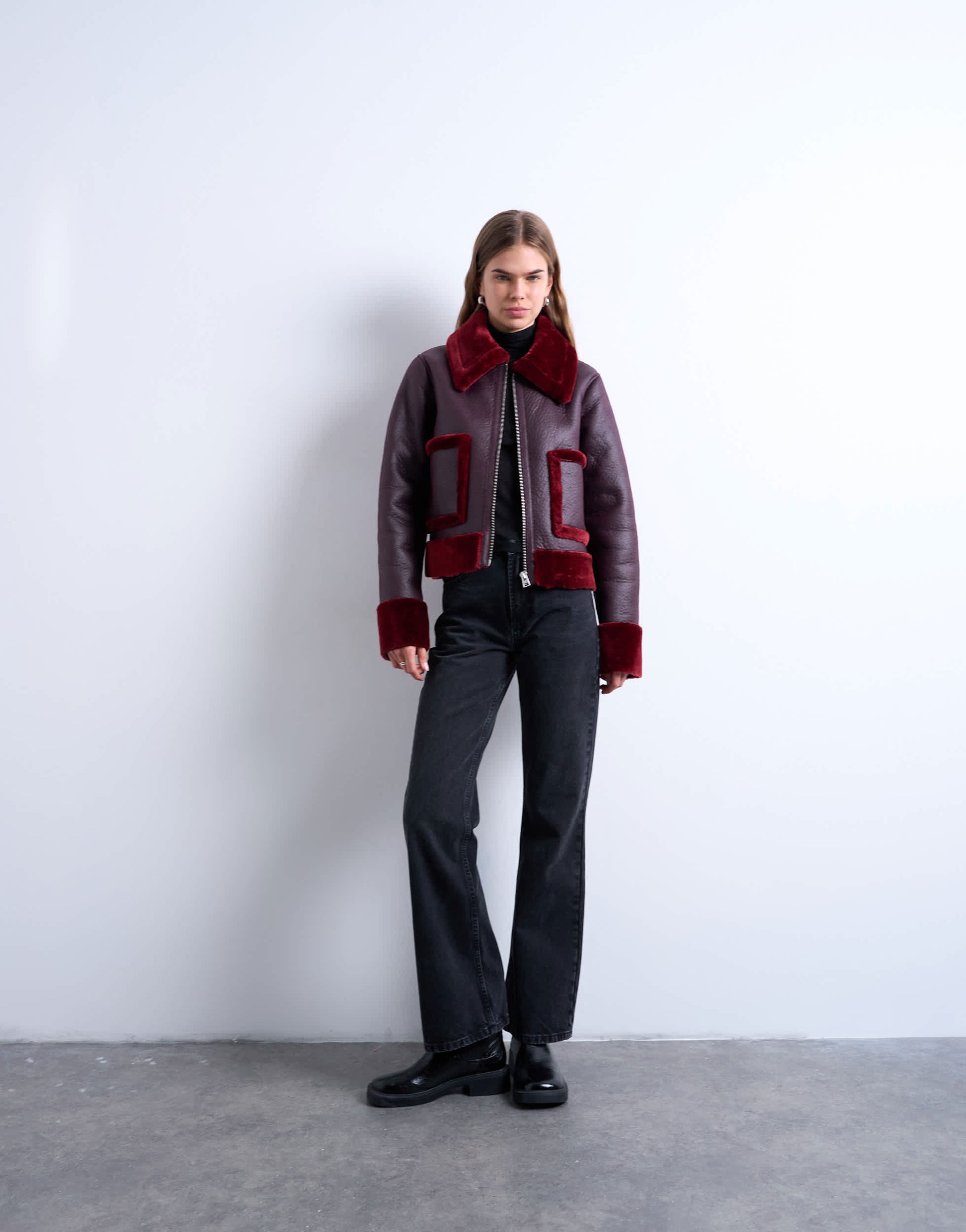 Topshop faux leather cropped jacket with red borg contrast