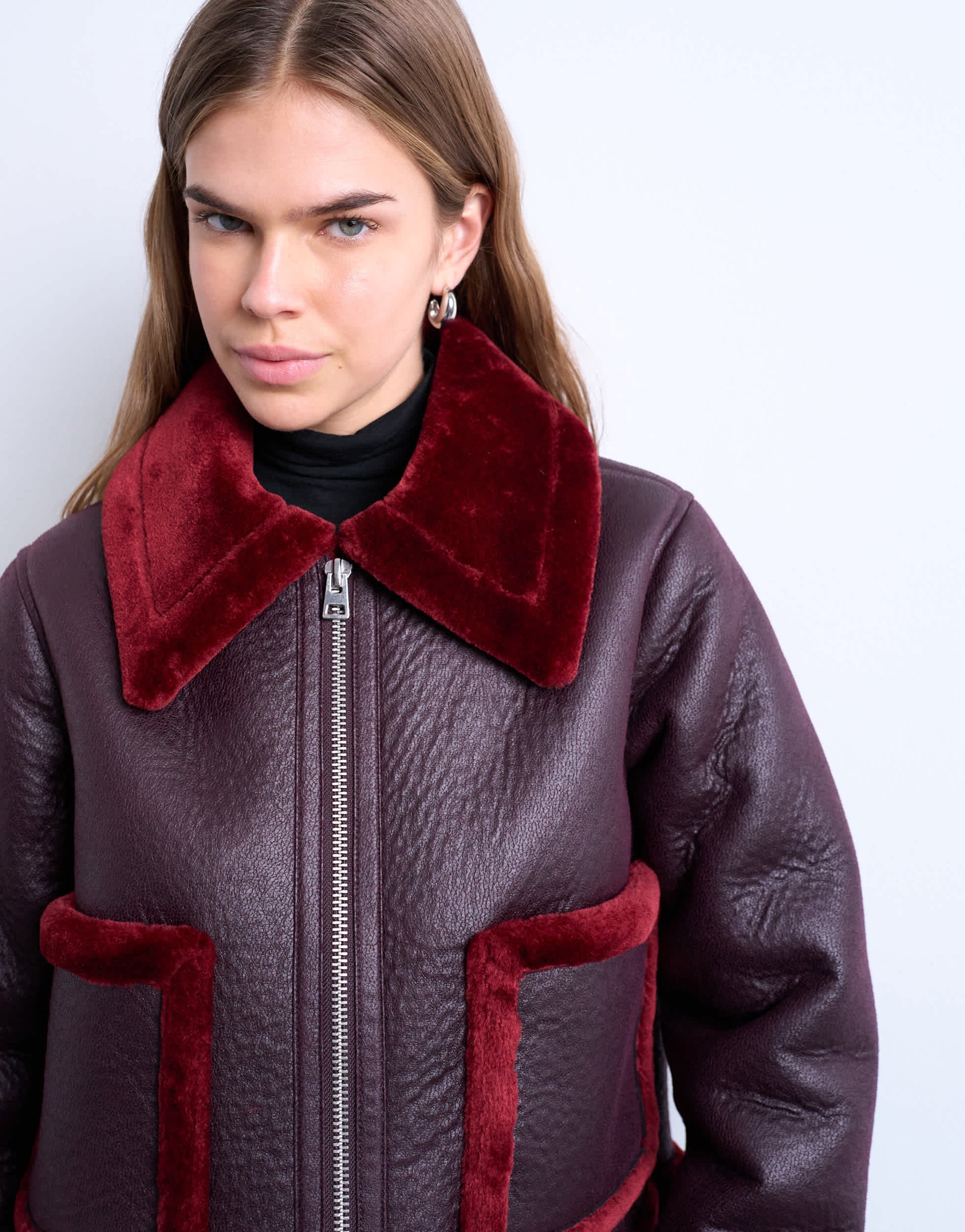 Topshop faux leather cropped jacket with red borg contrast