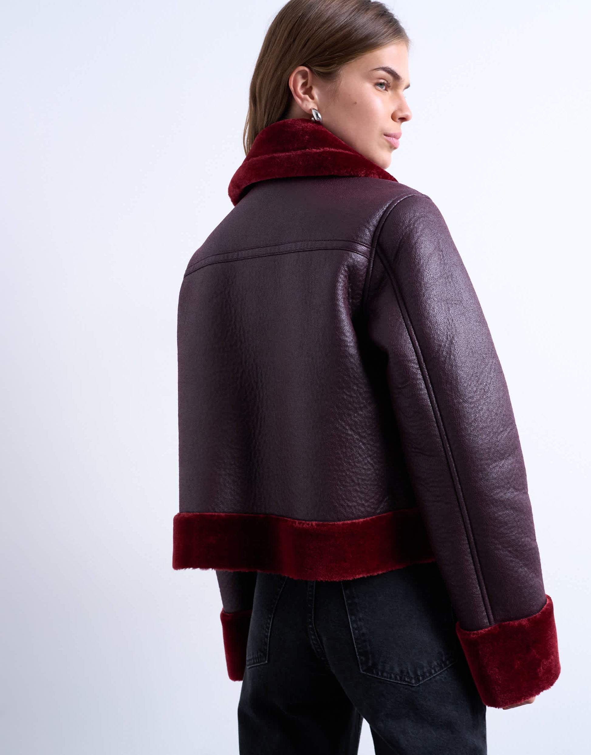 Topshop faux leather cropped jacket with red borg contrast