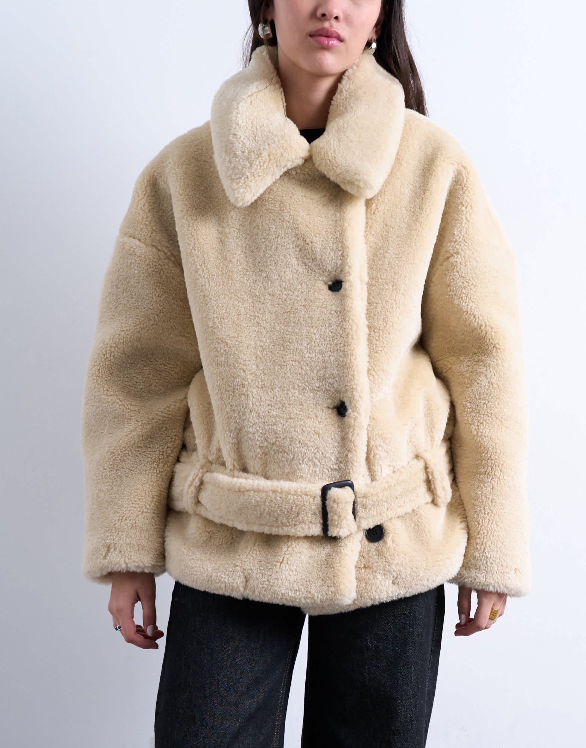 Topshop borg belted short car coat in cream
