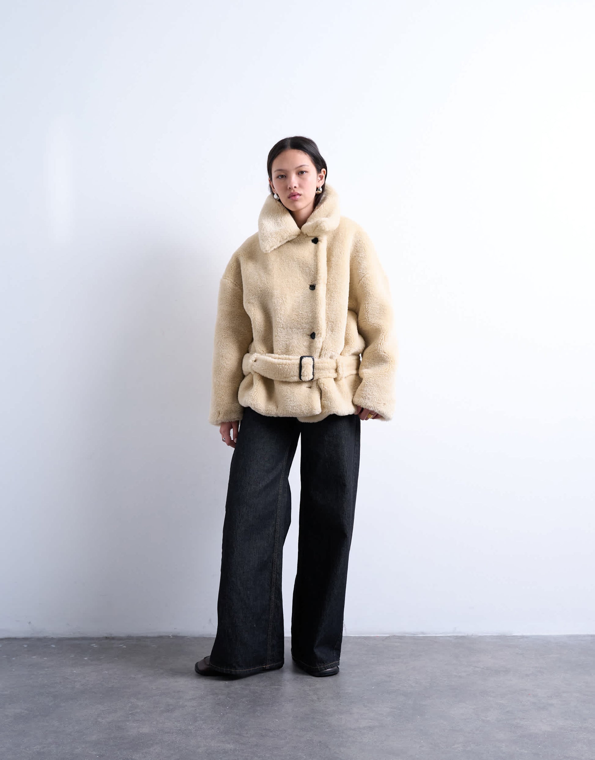 Topshop borg belted short car coat in cream