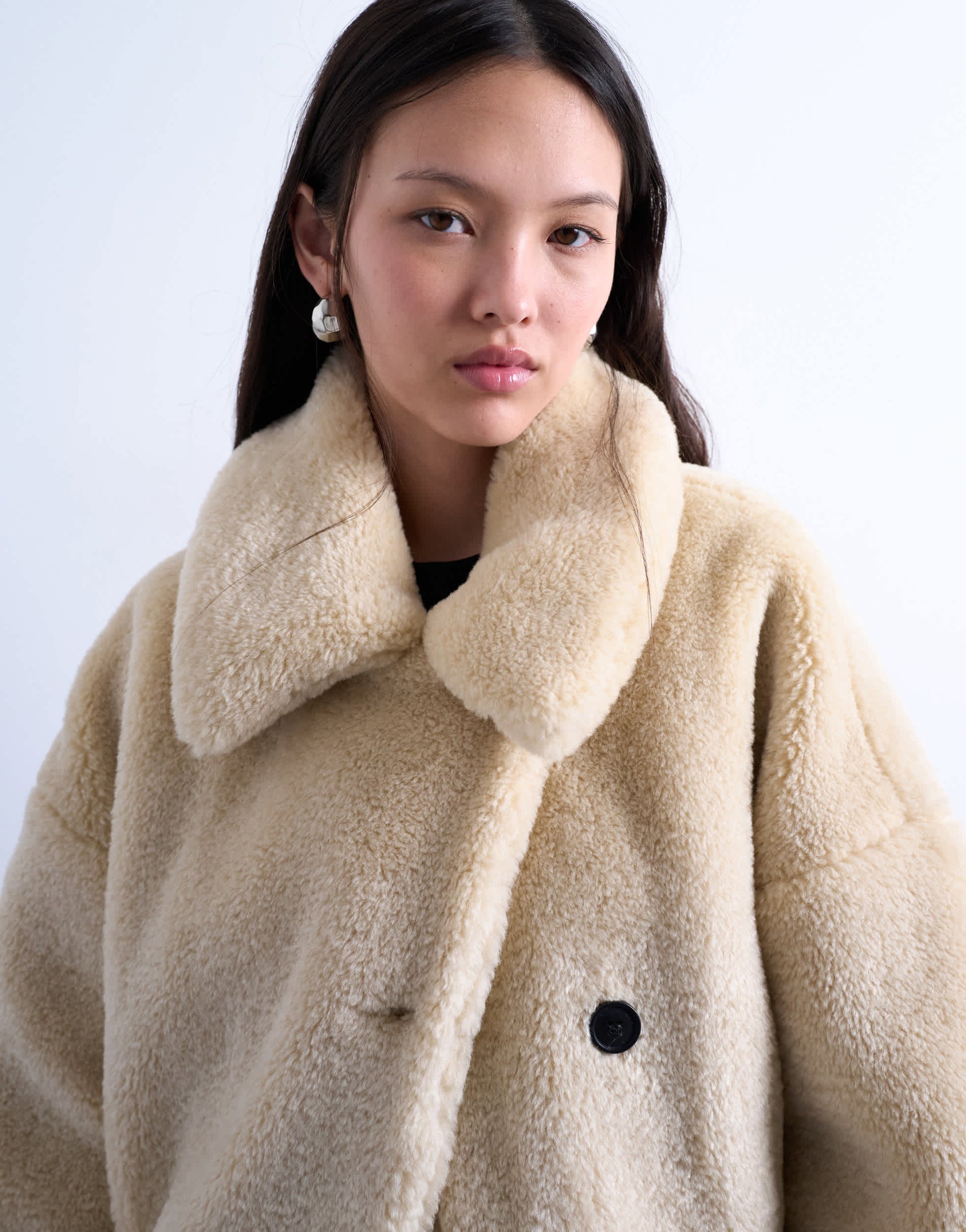 Topshop borg belted short car coat in cream