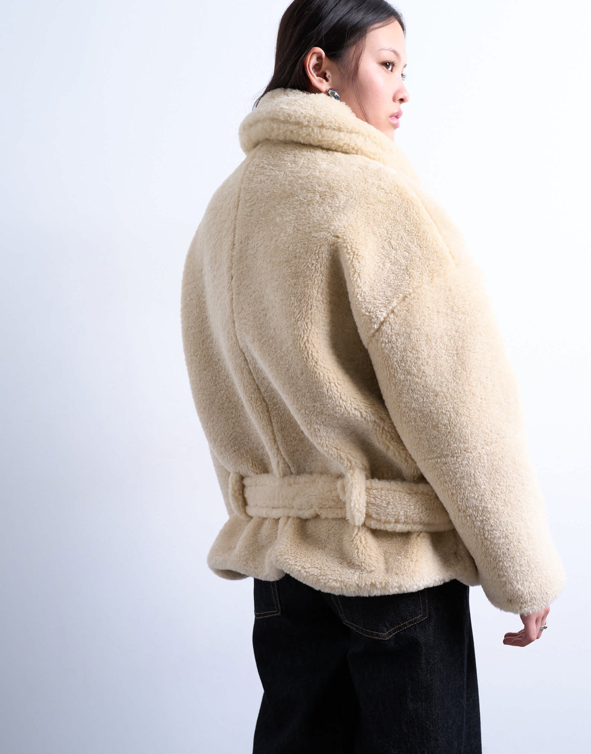 Topshop borg belted short car coat in cream