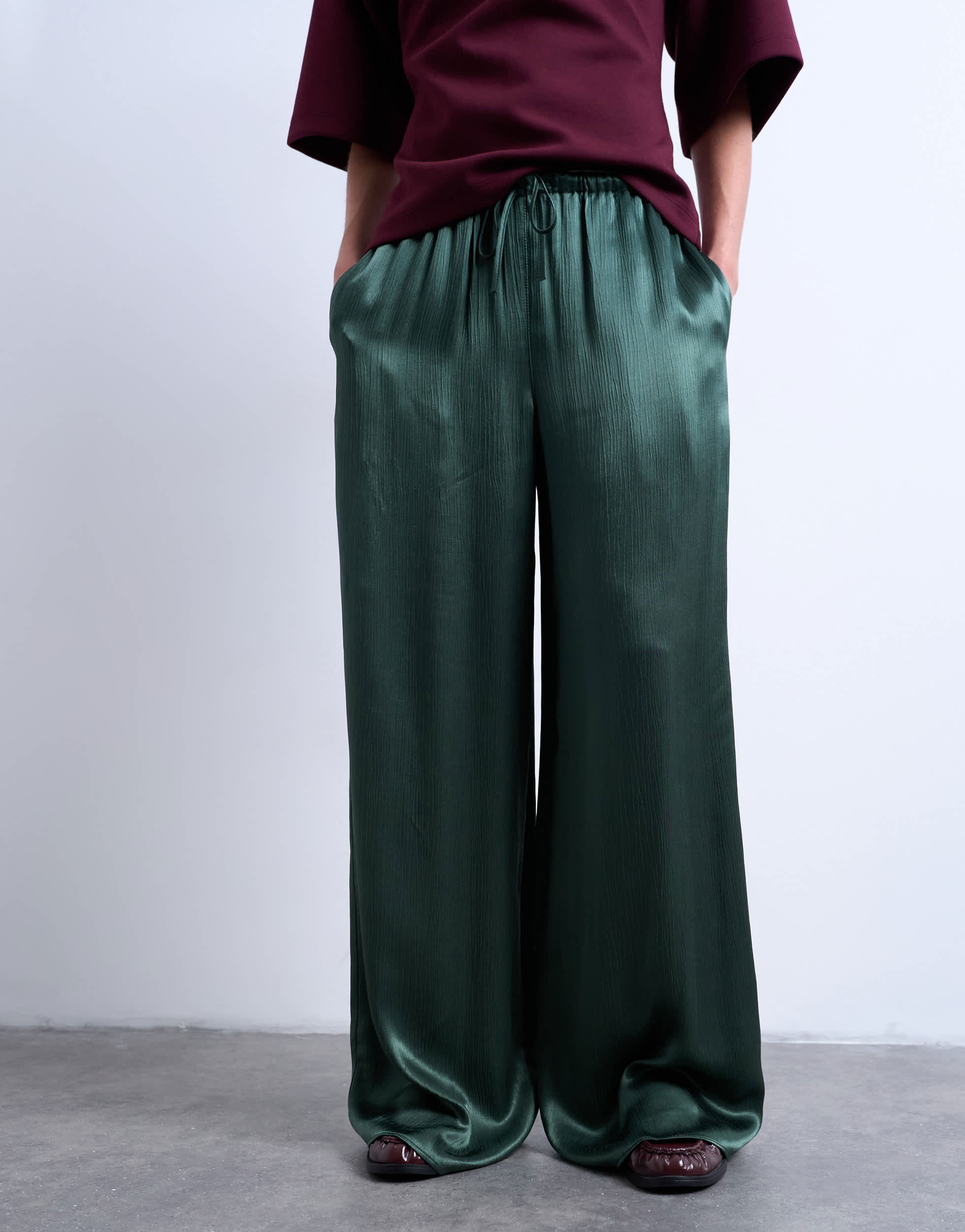 Topshop crinkle satin wide leg trouser in green