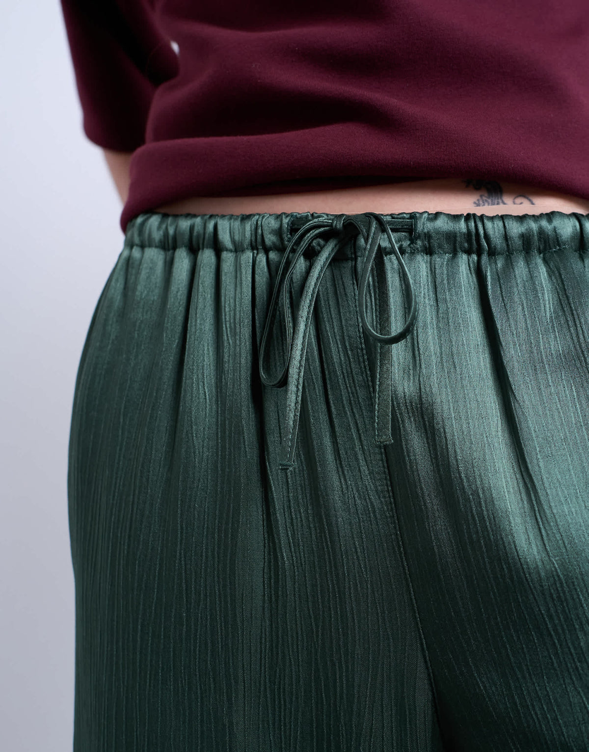 Topshop crinkle satin wide leg trouser in green