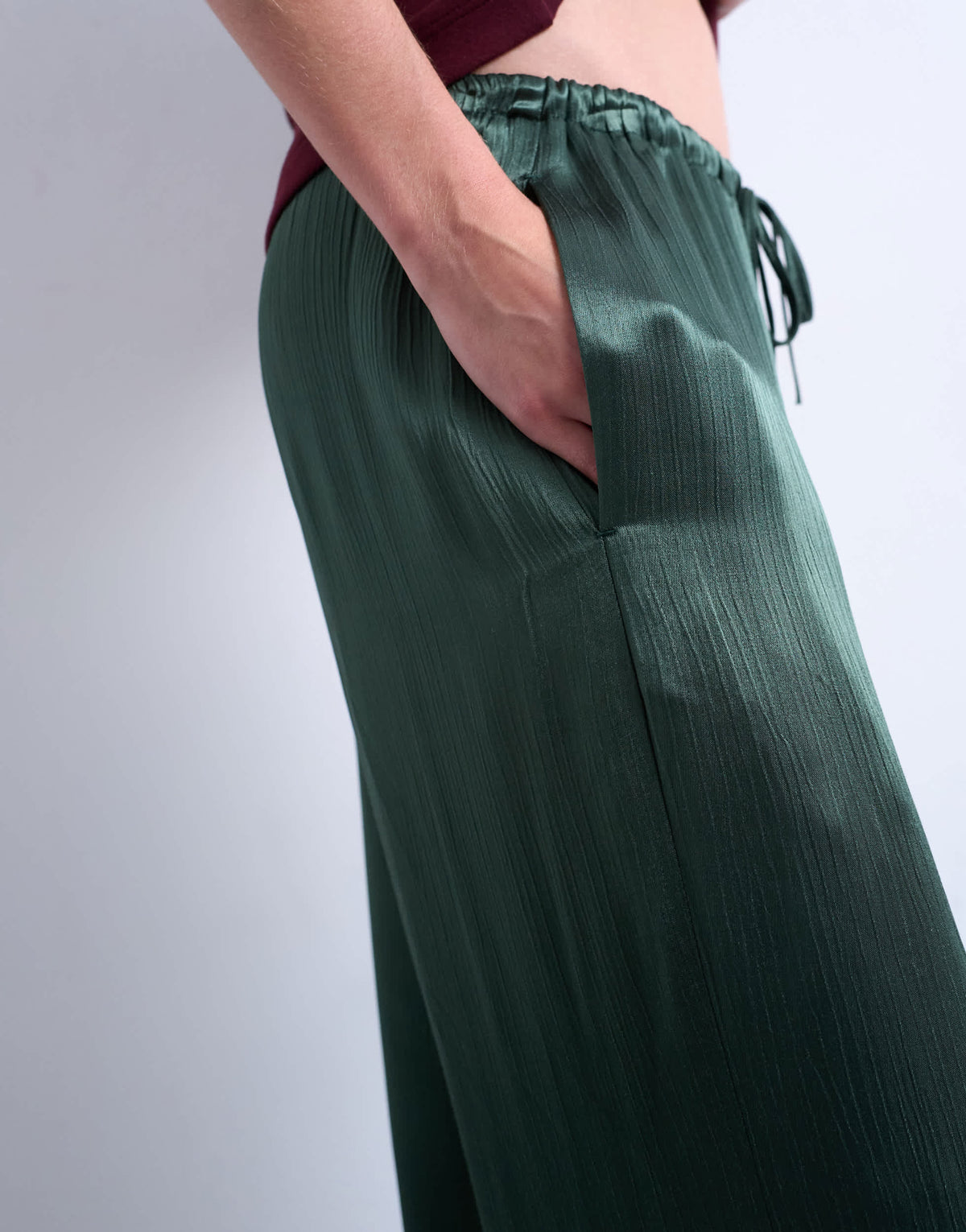 Topshop crinkle satin wide leg trouser in green