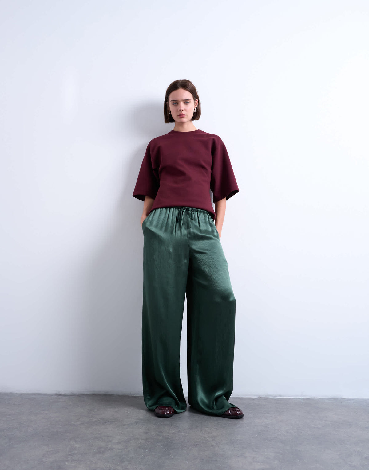 Topshop crinkle satin wide leg trouser in green