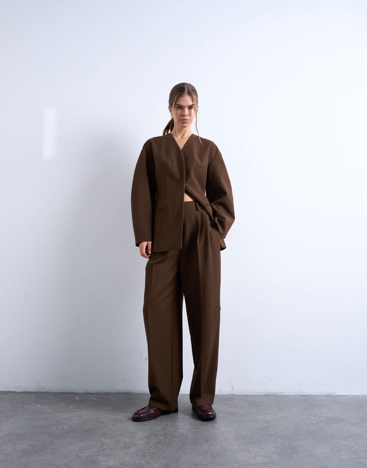 Topshop co ord double pleat suit trouser in brown 