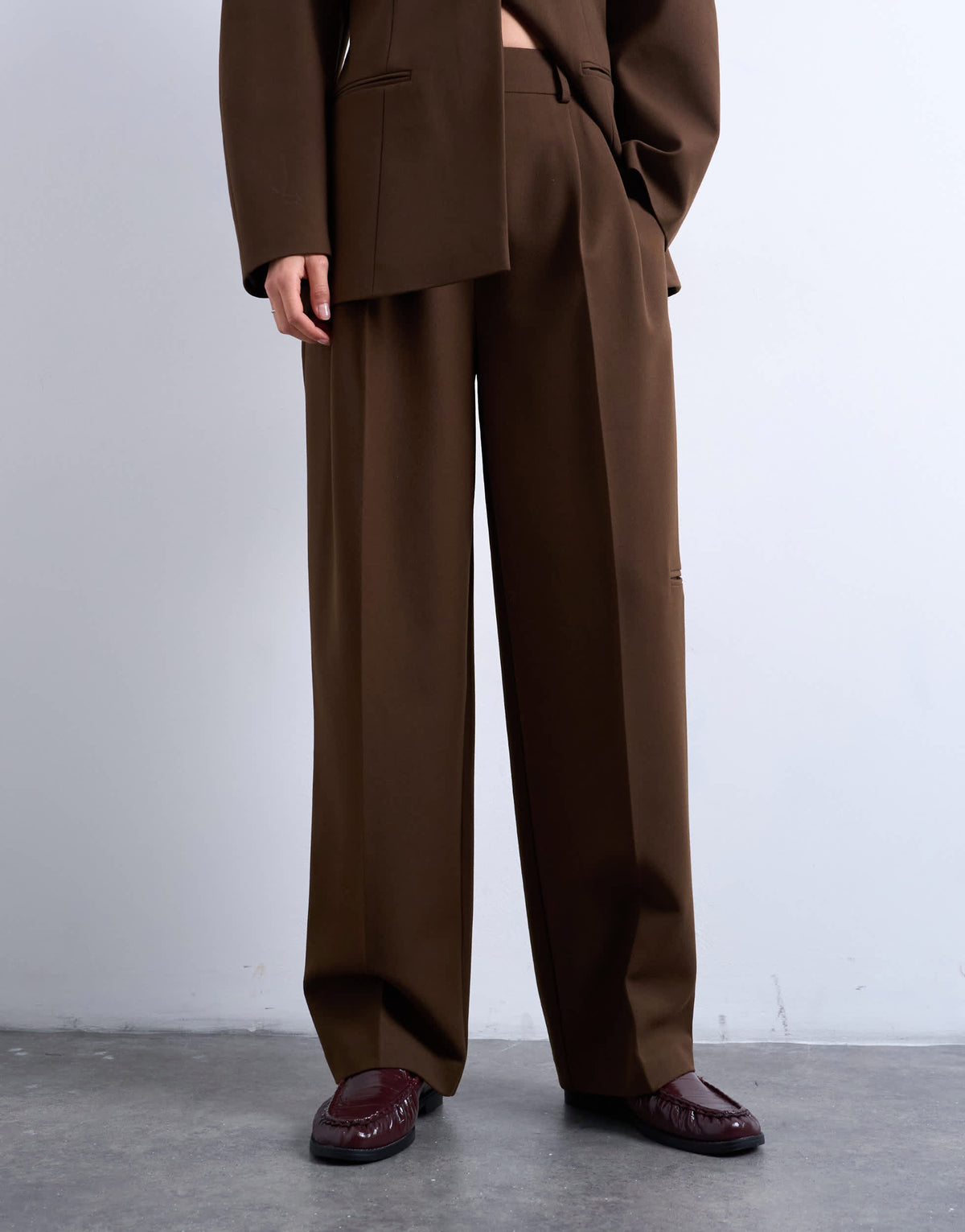 Topshop co ord double pleat suit trouser in brown 