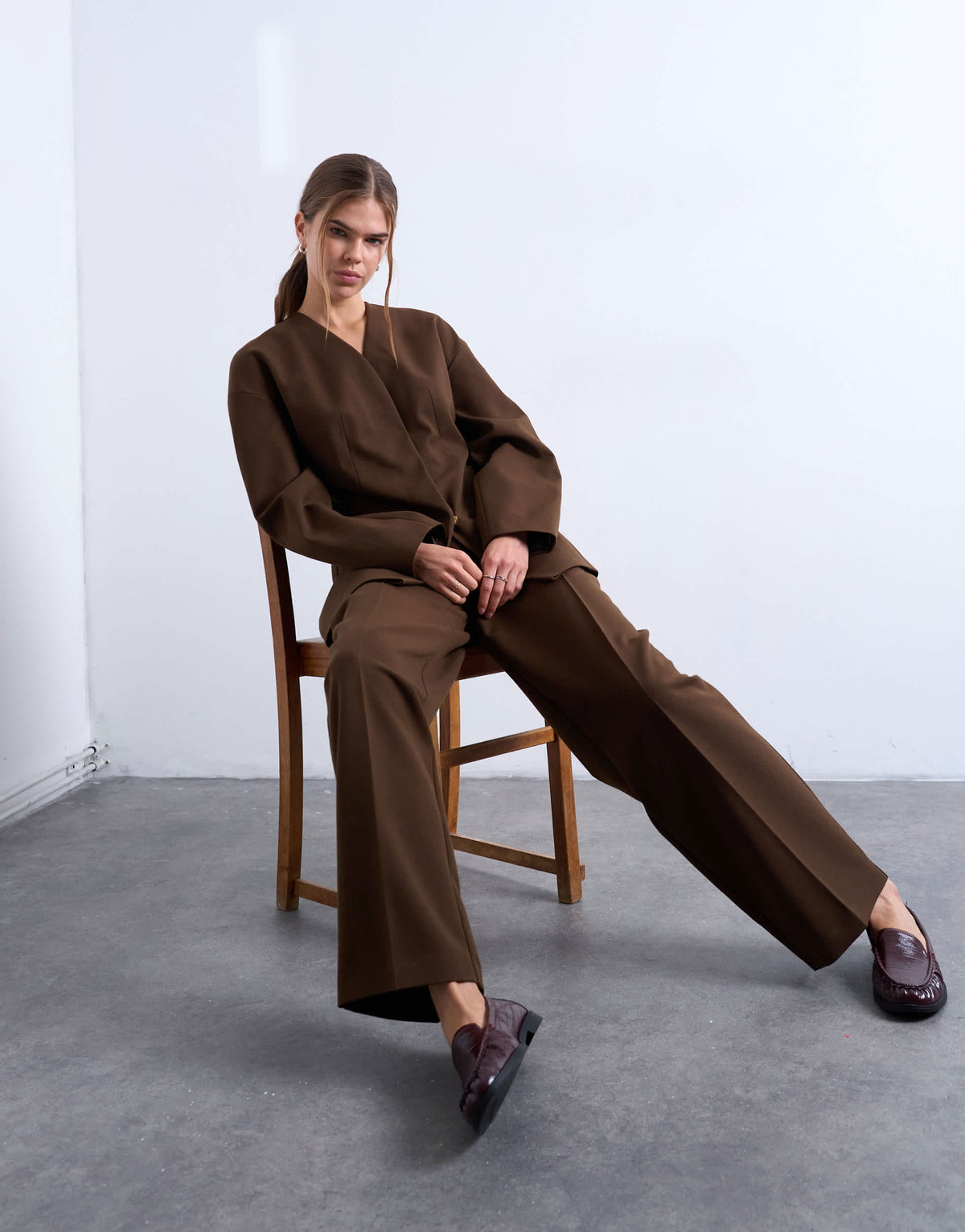 Topshop co ord double pleat suit trouser in brown 