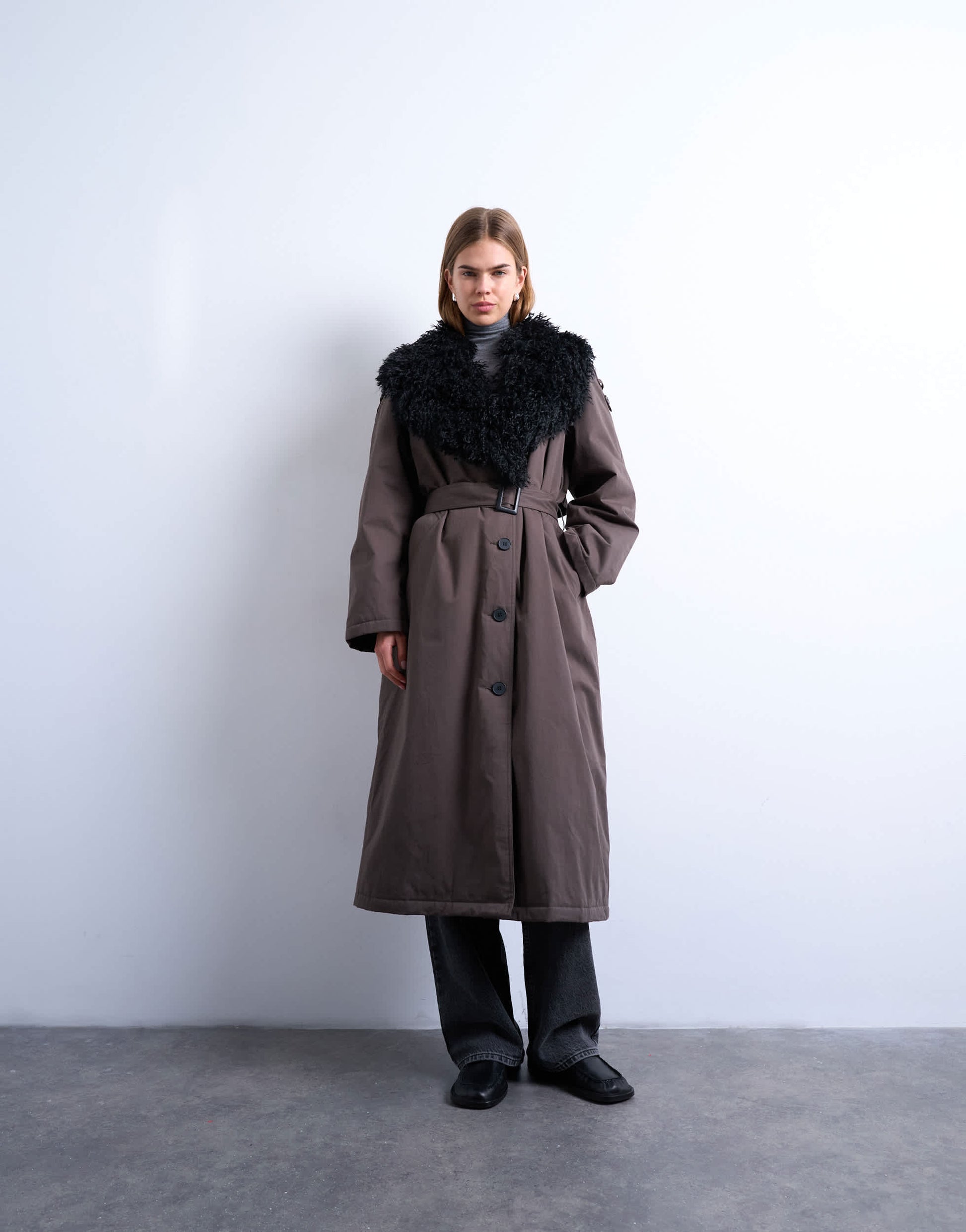Topshop faux fur collar belted mac in brown