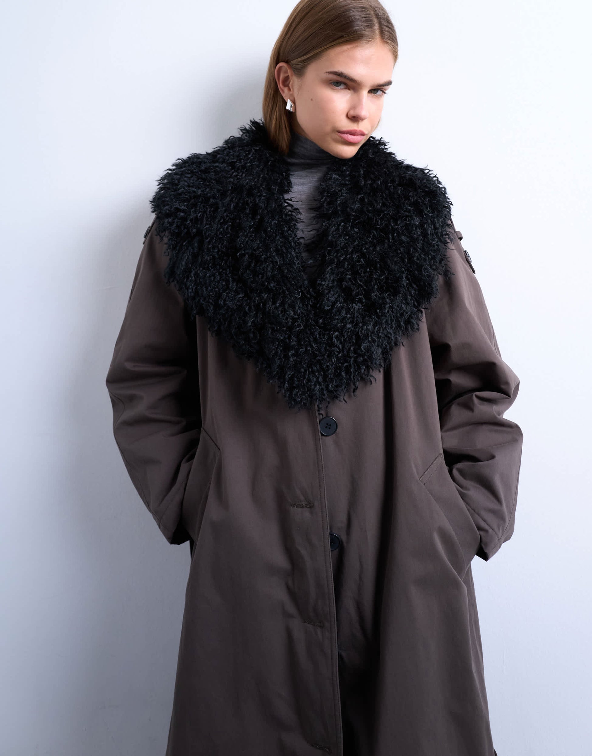 Topshop faux fur collar belted mac in brown