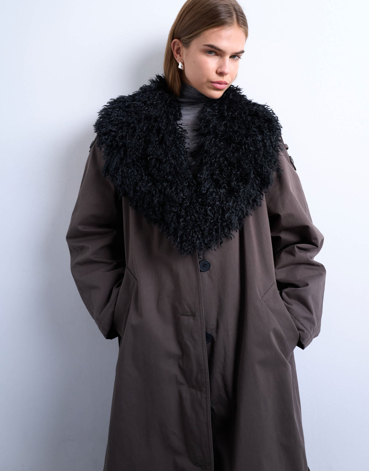 Topshop faux fur collar belted mac in brown