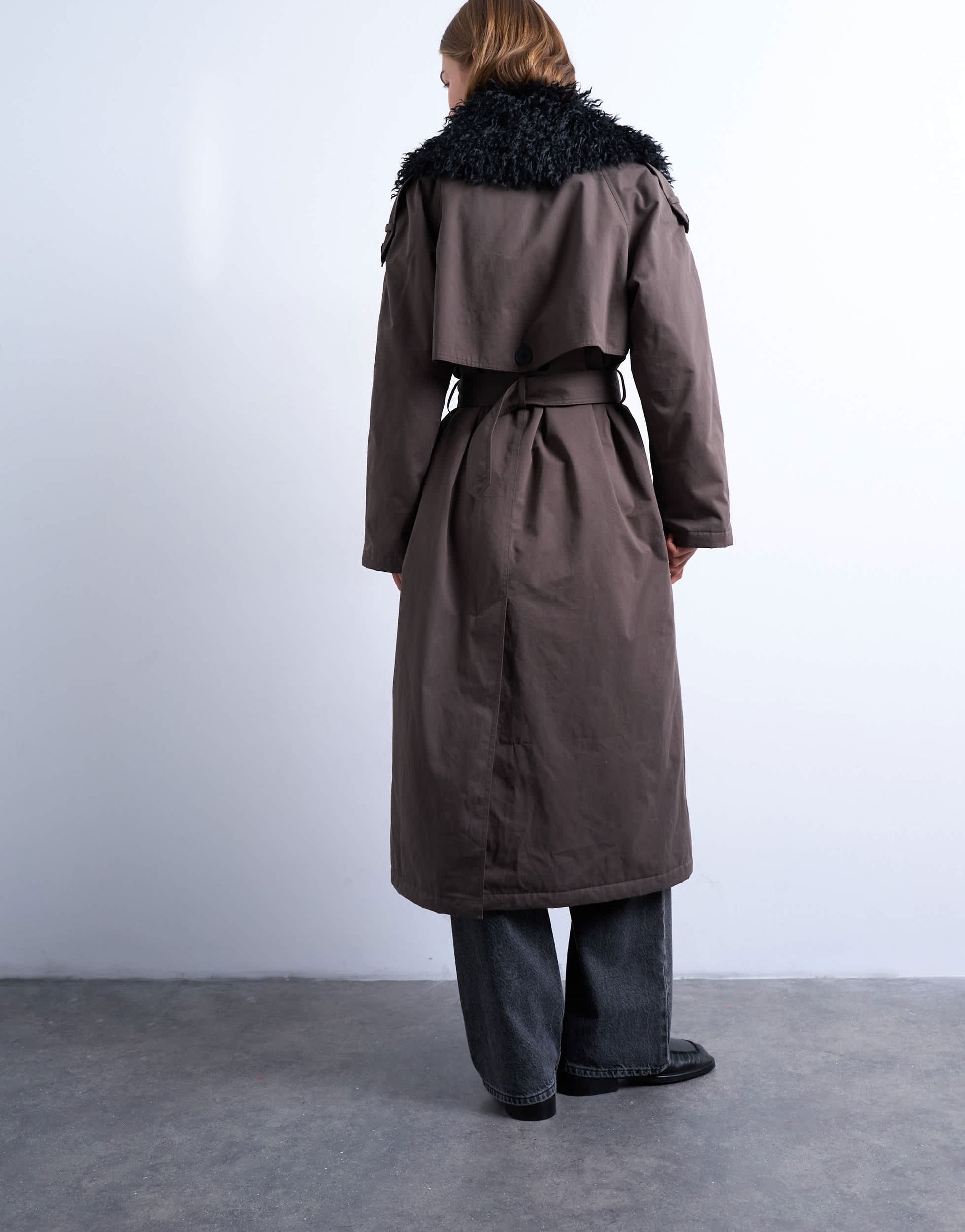 Topshop faux fur collar belted mac in brown