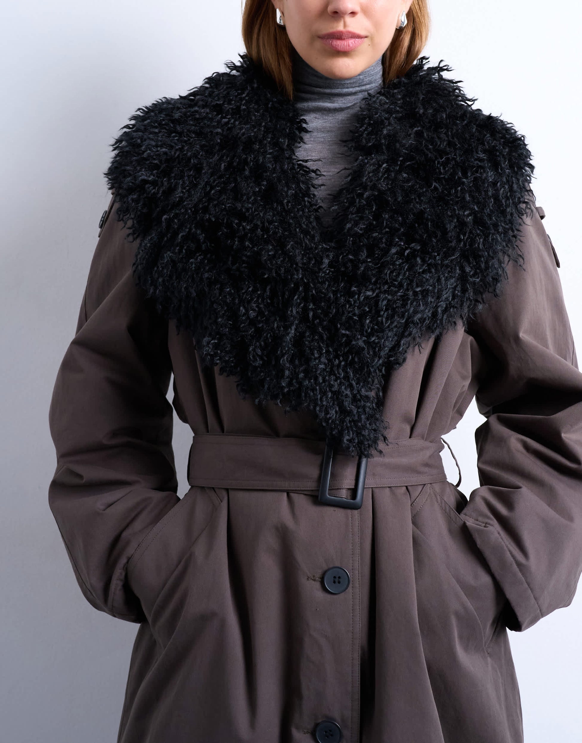 Topshop faux fur collar belted mac in brown