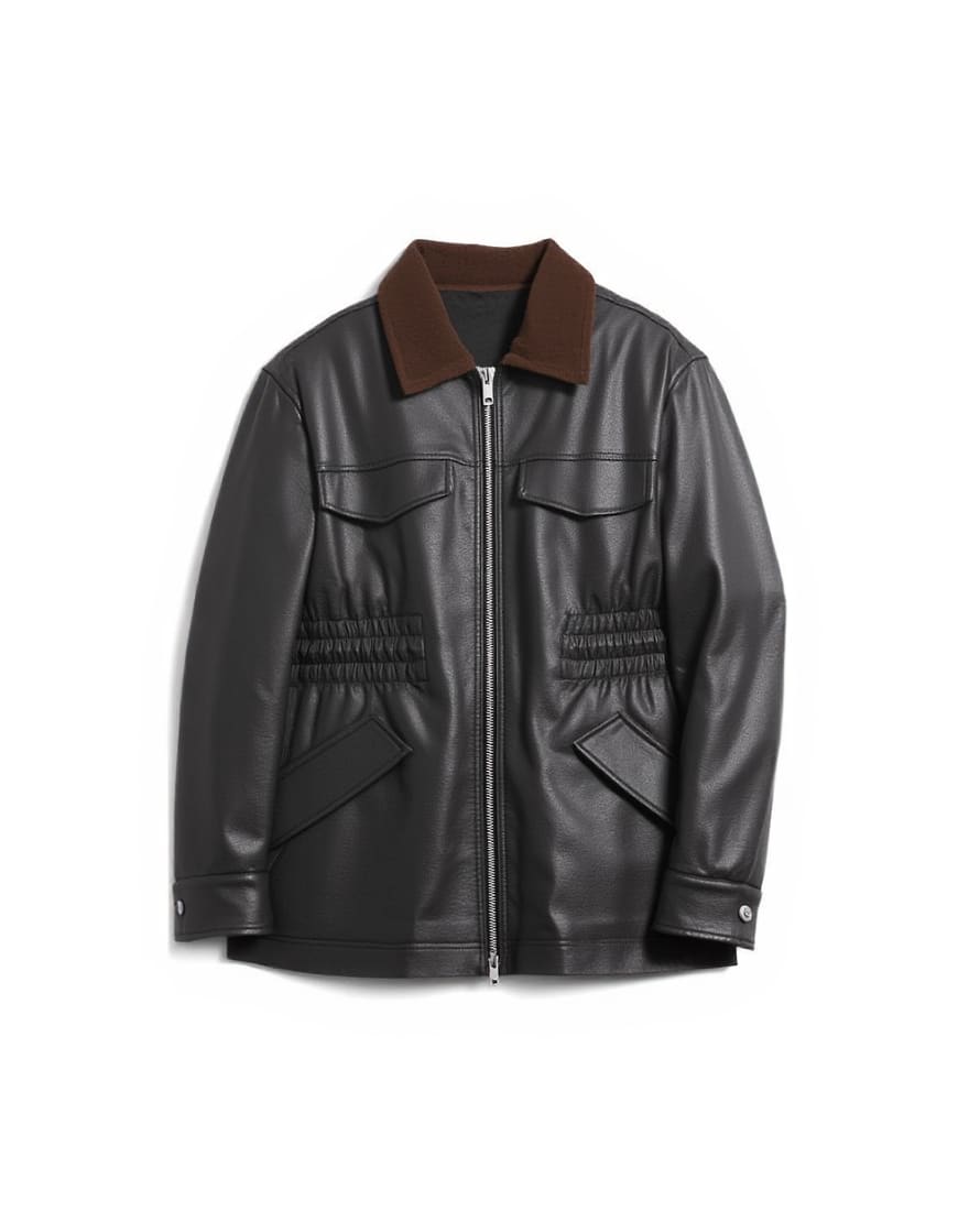 Topshop cinch waist PU jacket with contrast cord collar in black