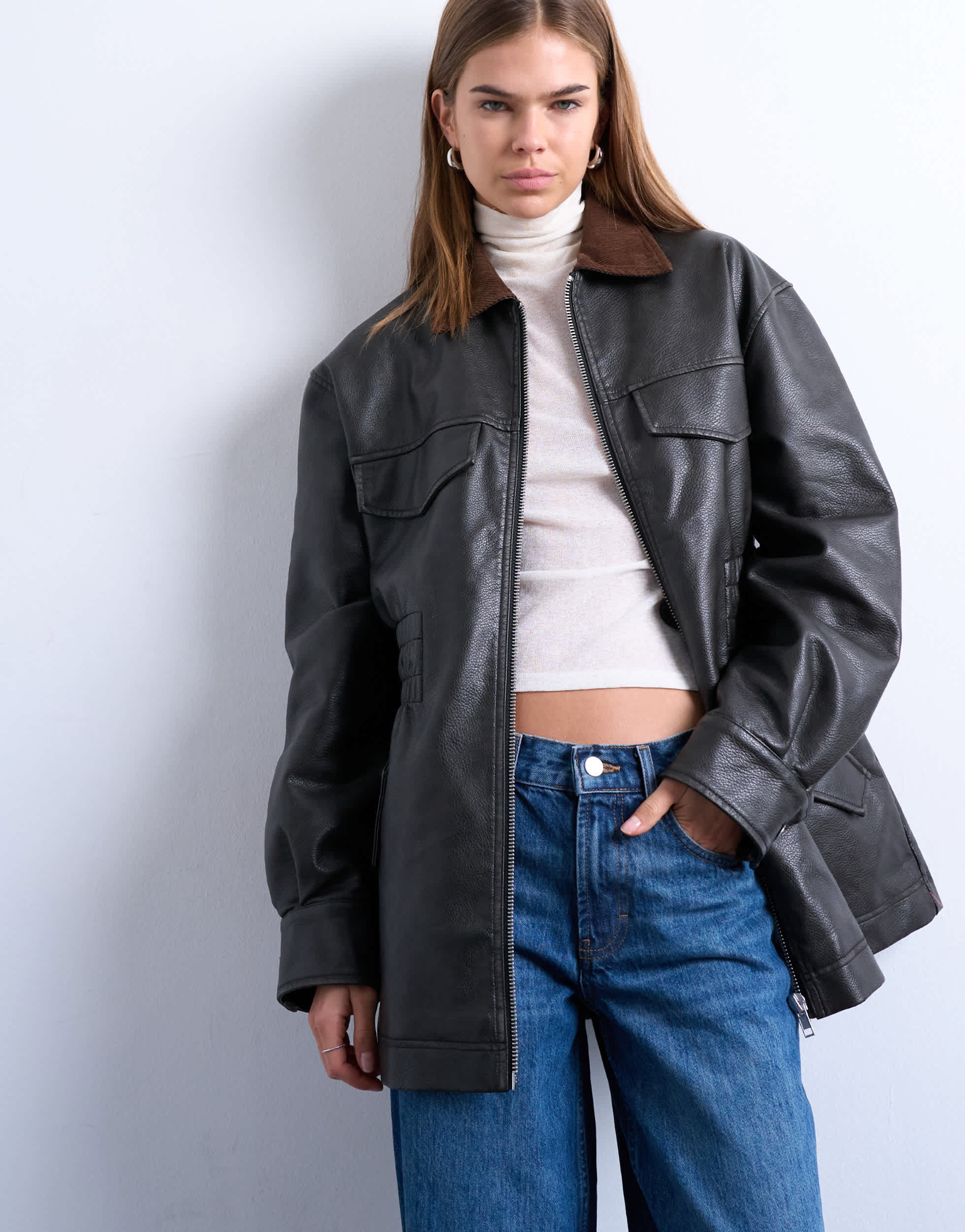 Topshop cinch waist PU jacket with contrast cord collar in black