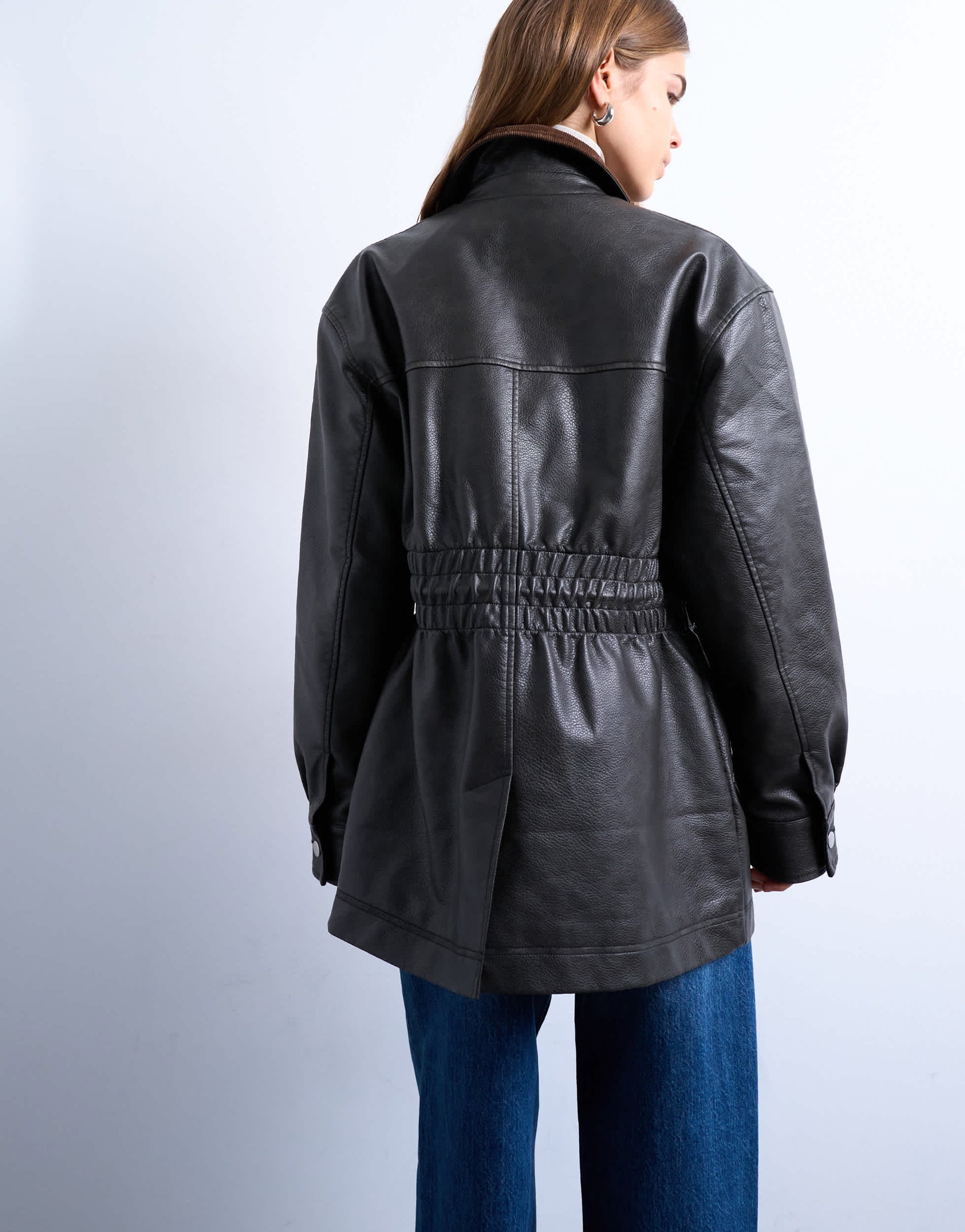 Topshop cinch waist PU jacket with contrast cord collar in black