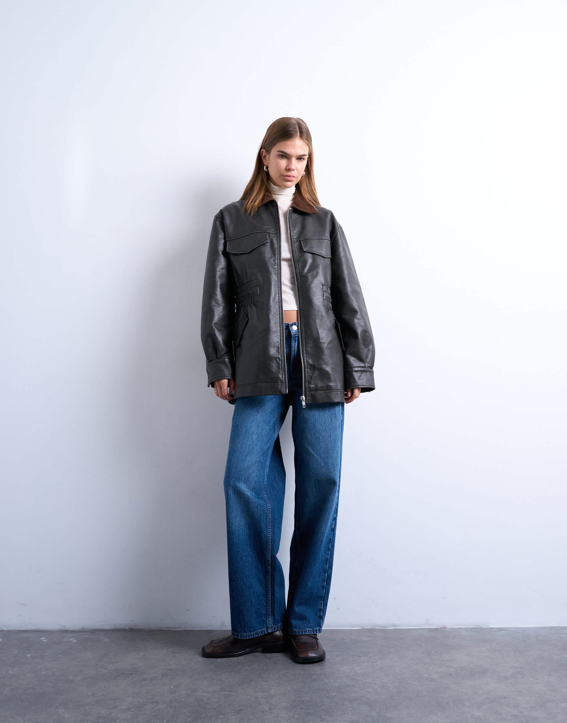 Topshop cinch waist PU jacket with contrast cord collar in black