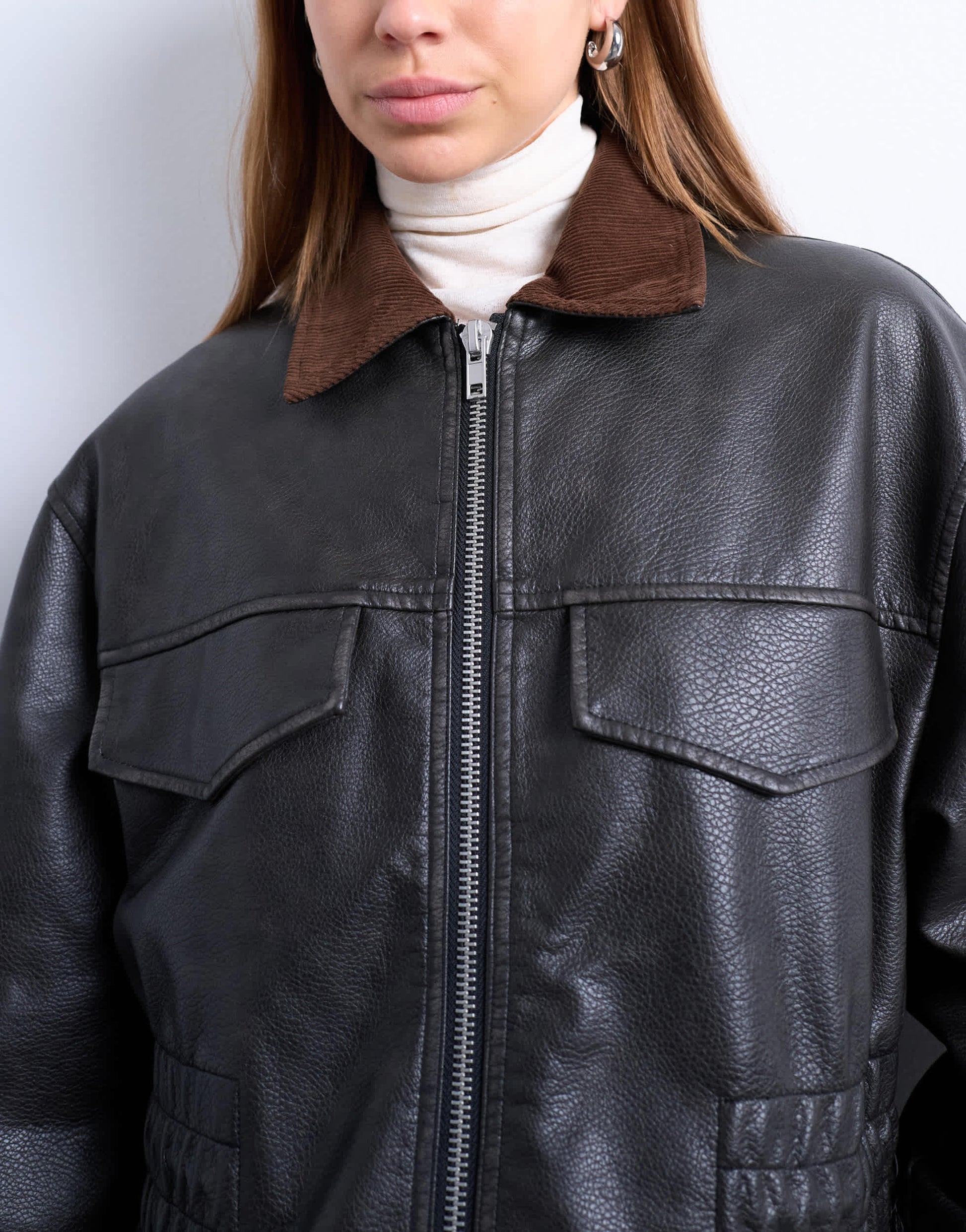Topshop cinch waist PU jacket with contrast cord collar in black