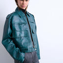 Topshop faux leather heavy washed zip through jacket in teal