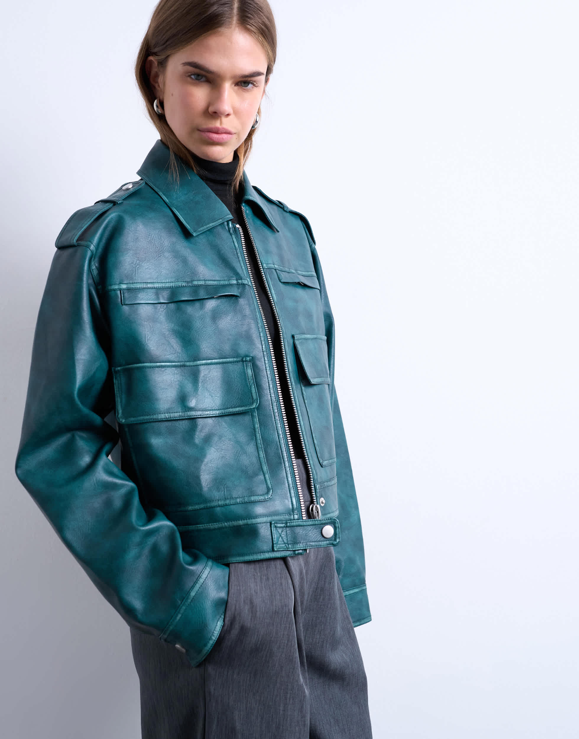 Topshop faux leather heavy washed zip through jacket in teal